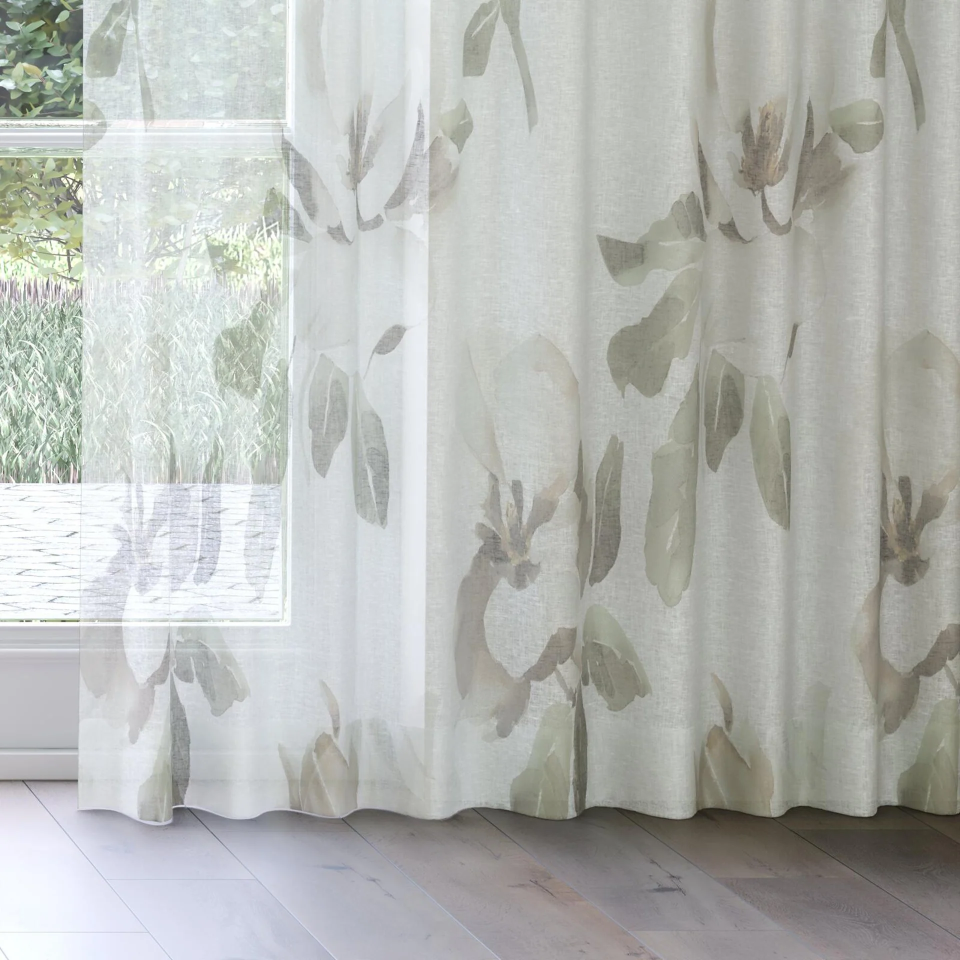 Bottom view of Magnolia Grande Sheer Clove, on curtain rail
