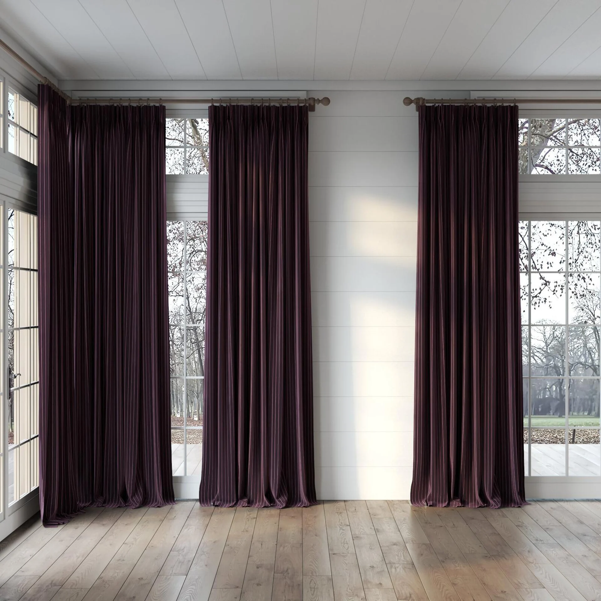 Full view of Cordial Viola, puddled, on curtain rod