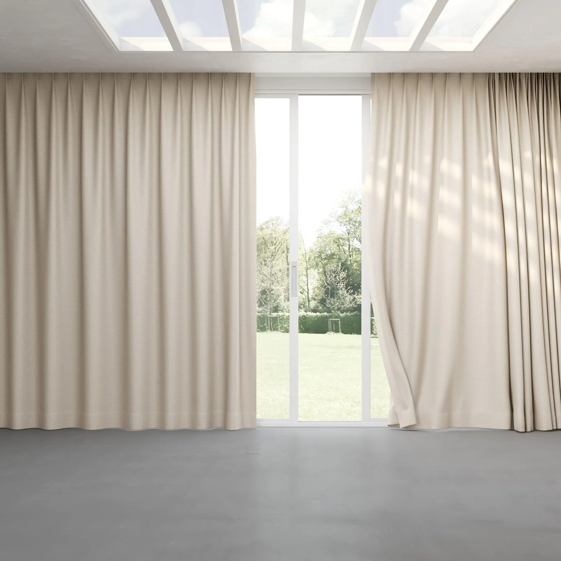 Full view of Manalapan Ecru, pinch pleat