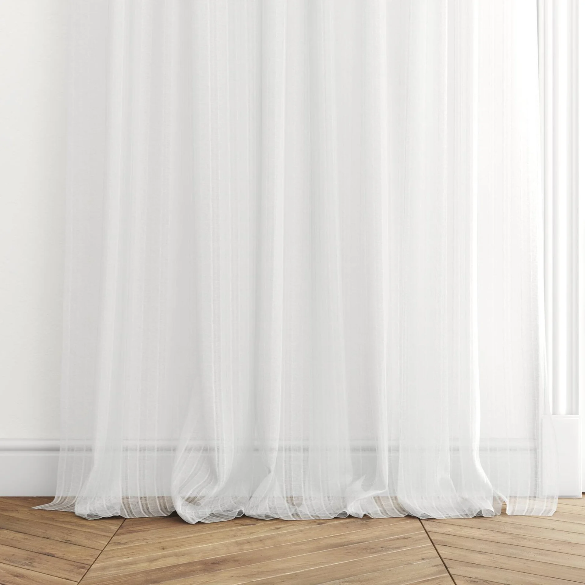 Bottom view of Balzac Swan, puddled with pinch pleat, on curtain rod