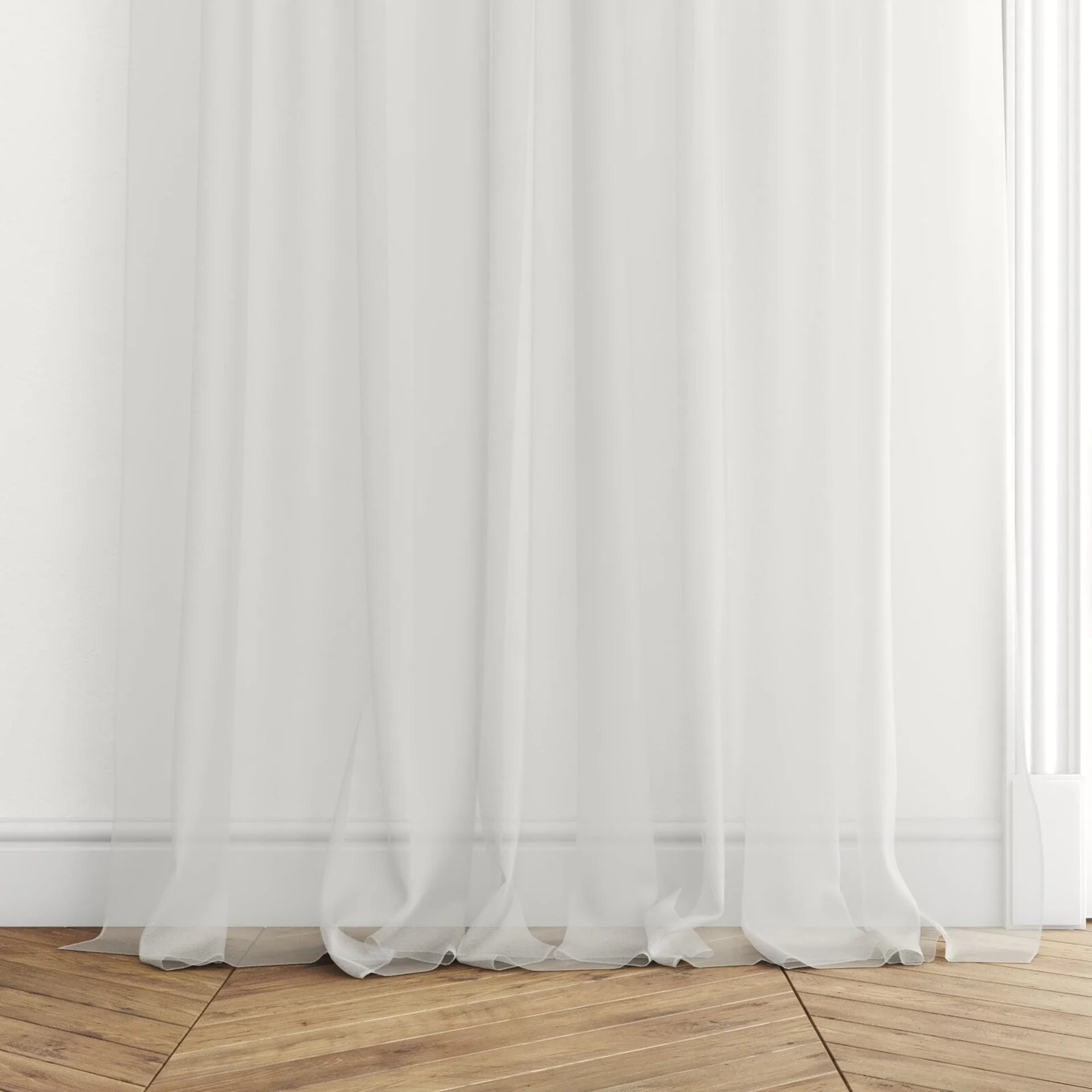 Bottom view of Xo Smoke, puddled with pinch pleat, on curtain rod