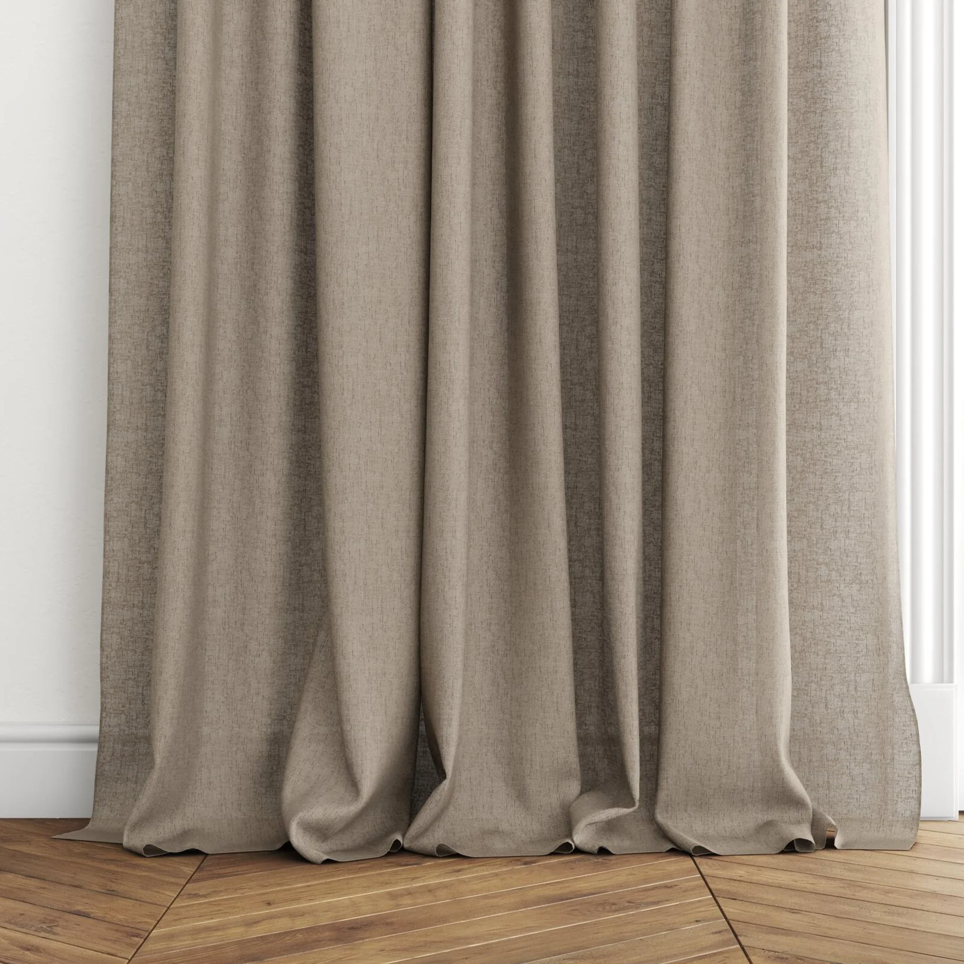 Bottom view of Shoji Silt, puddled with pinch pleat, on curtain rod