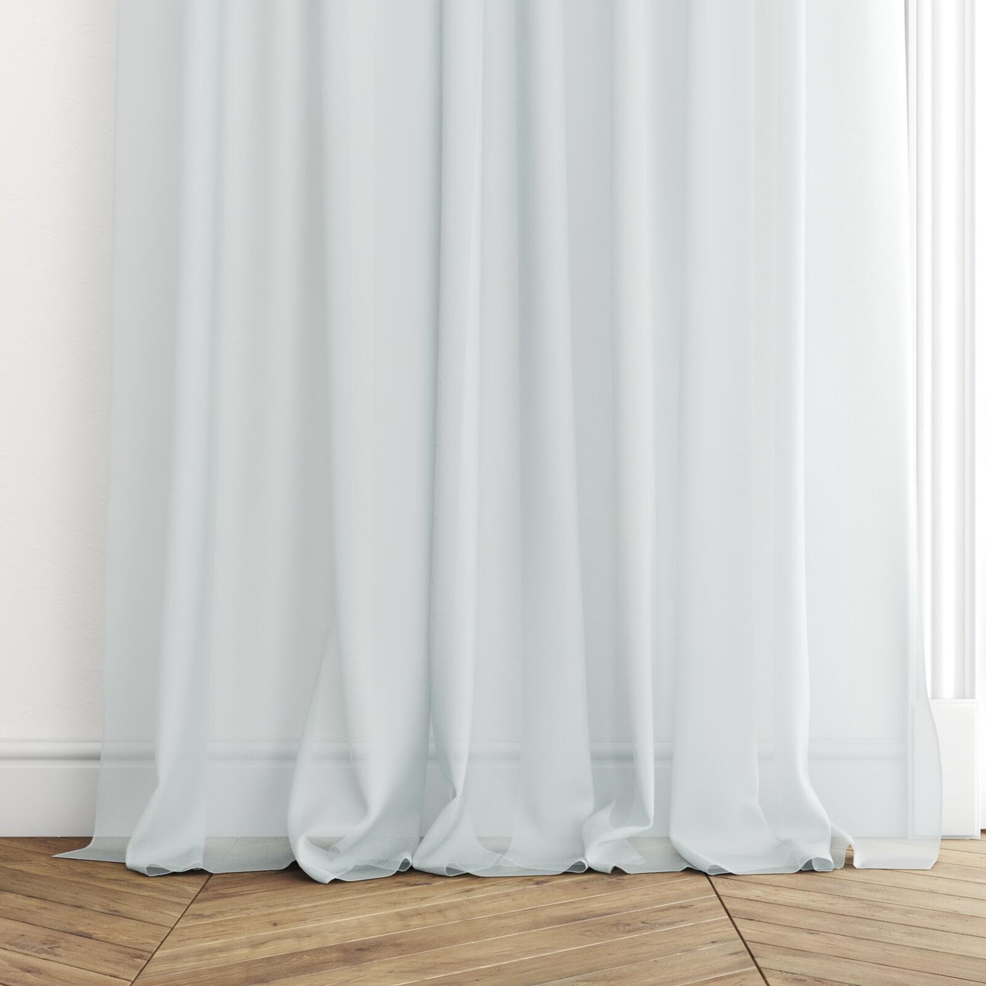 Bottom view of Zine Spa, puddled with pinch pleat, on curtain rod