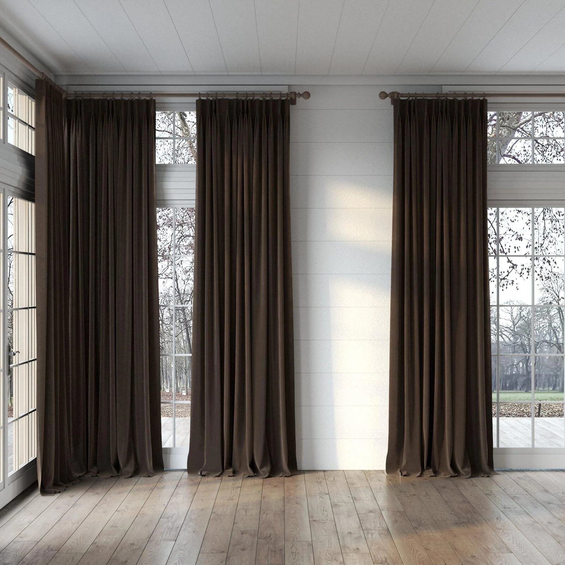 Full view of Vienna Truffle, puddled, on curtain rod