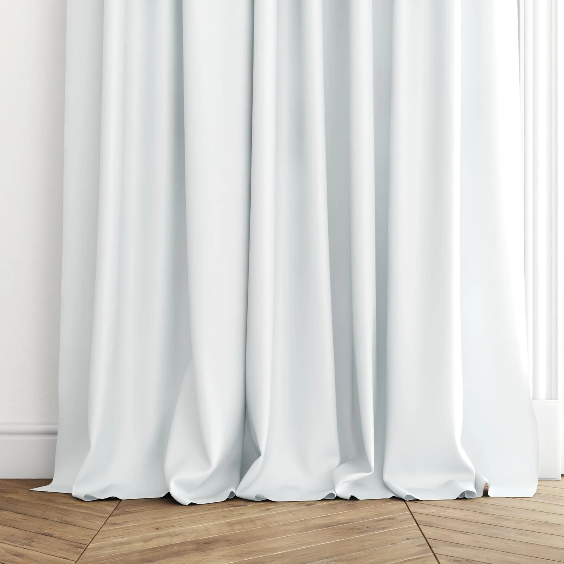 Bottom view of Optima Snow, puddled with pinch pleat, on curtain rod