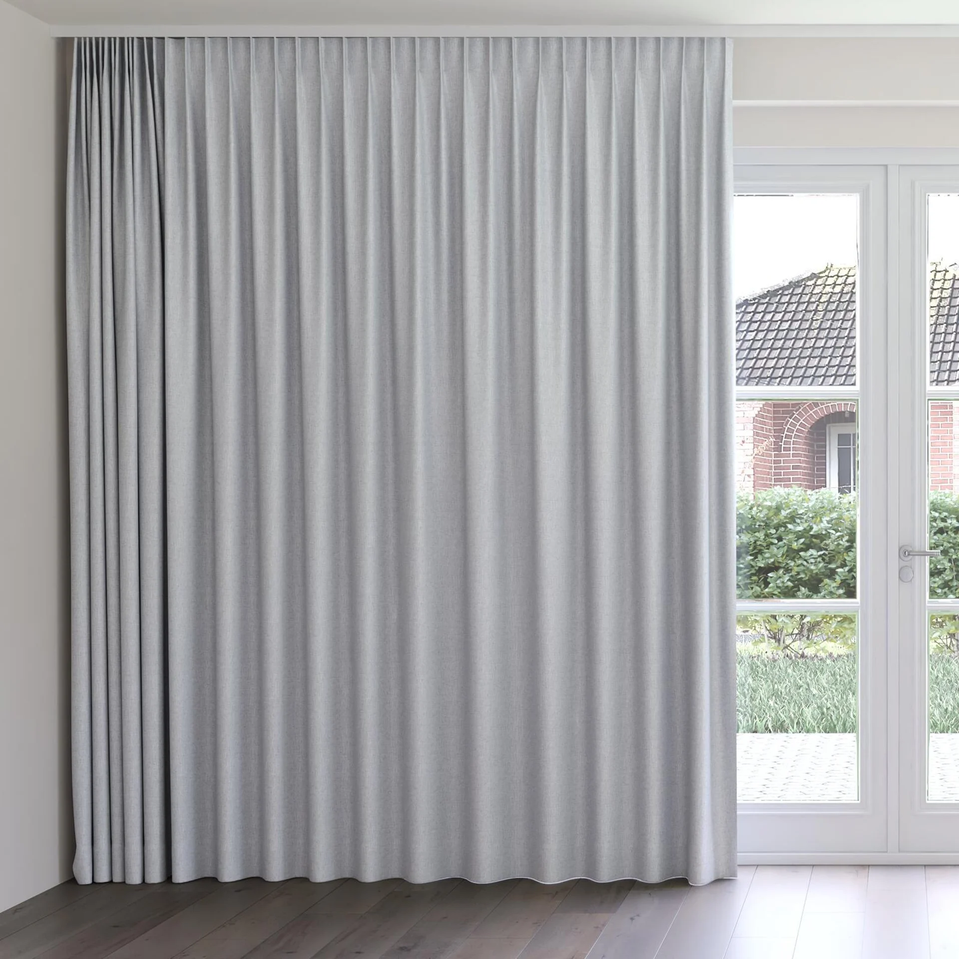 Front view of Stonewall Blackout Ash, on curtain rail