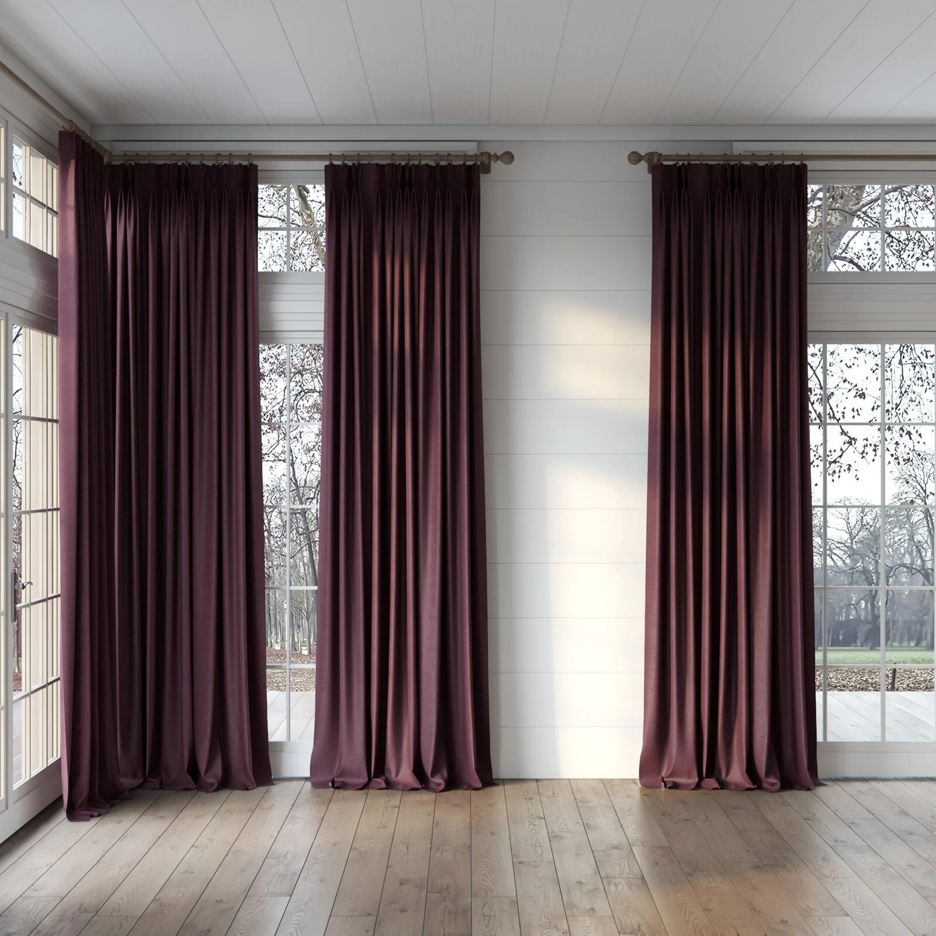 Full view of Drama Purple, puddled, on curtain rod