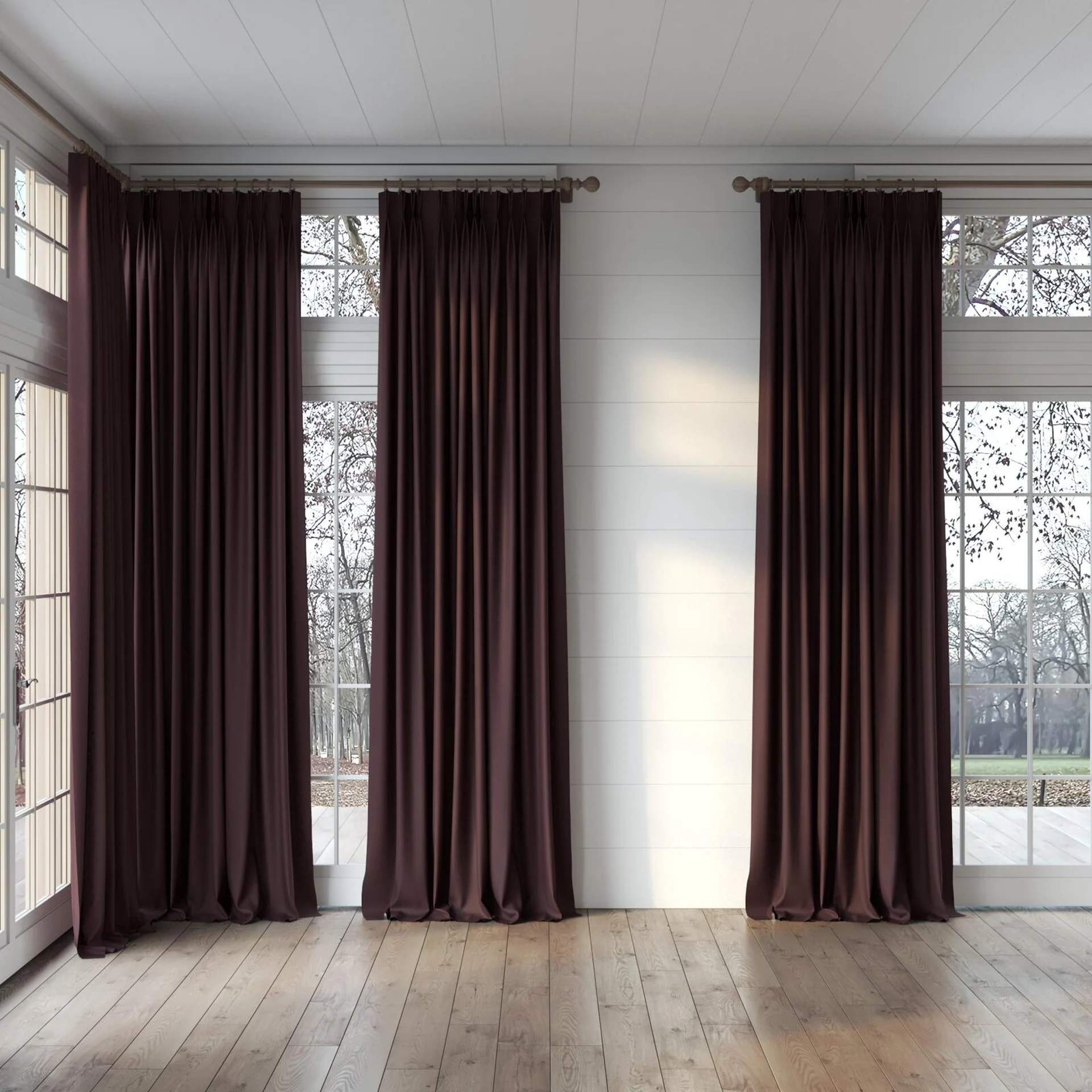 Full view of Eternal Plum, puddled, on curtain rod