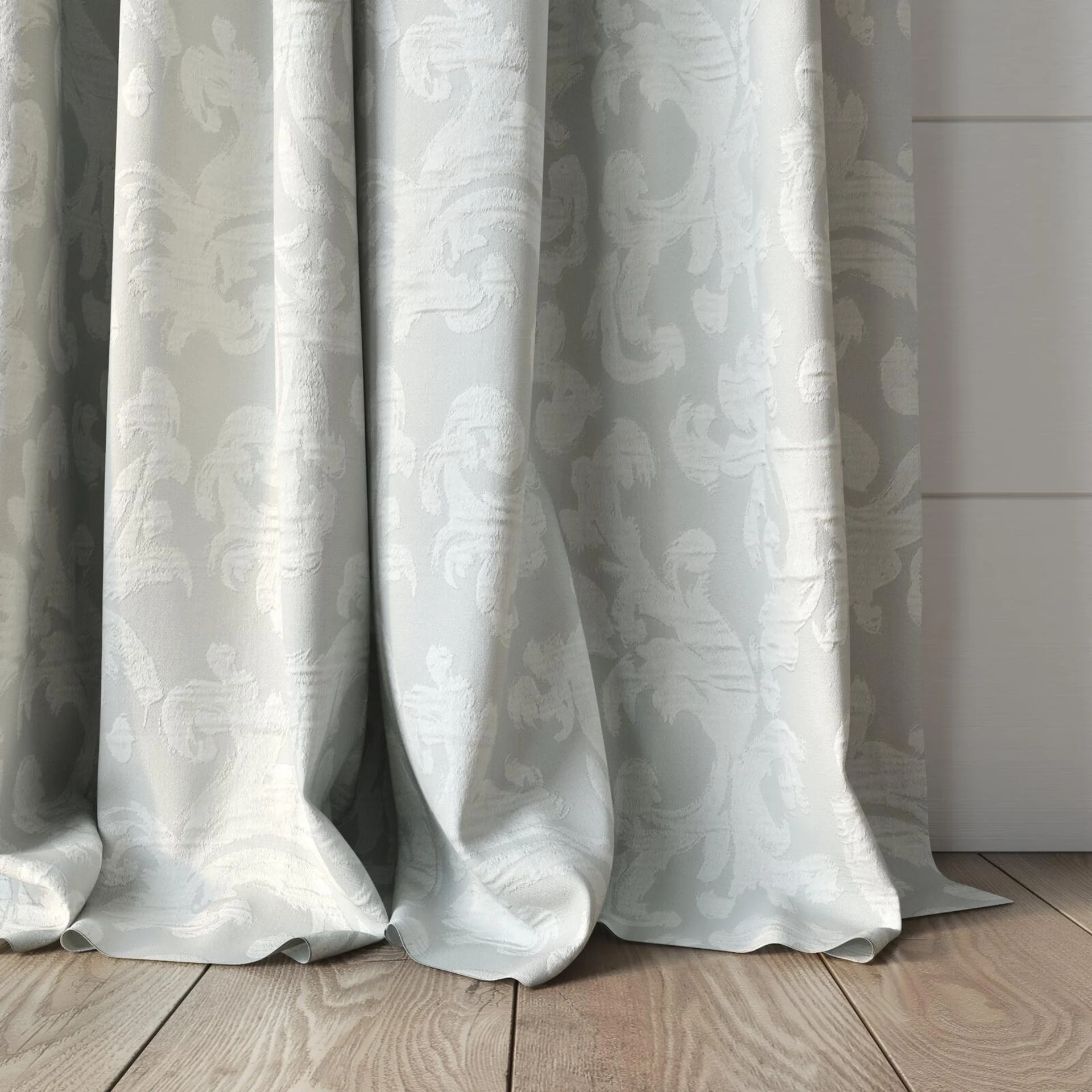 Bottom view of Juleste Silver, puddled, on curtain rod