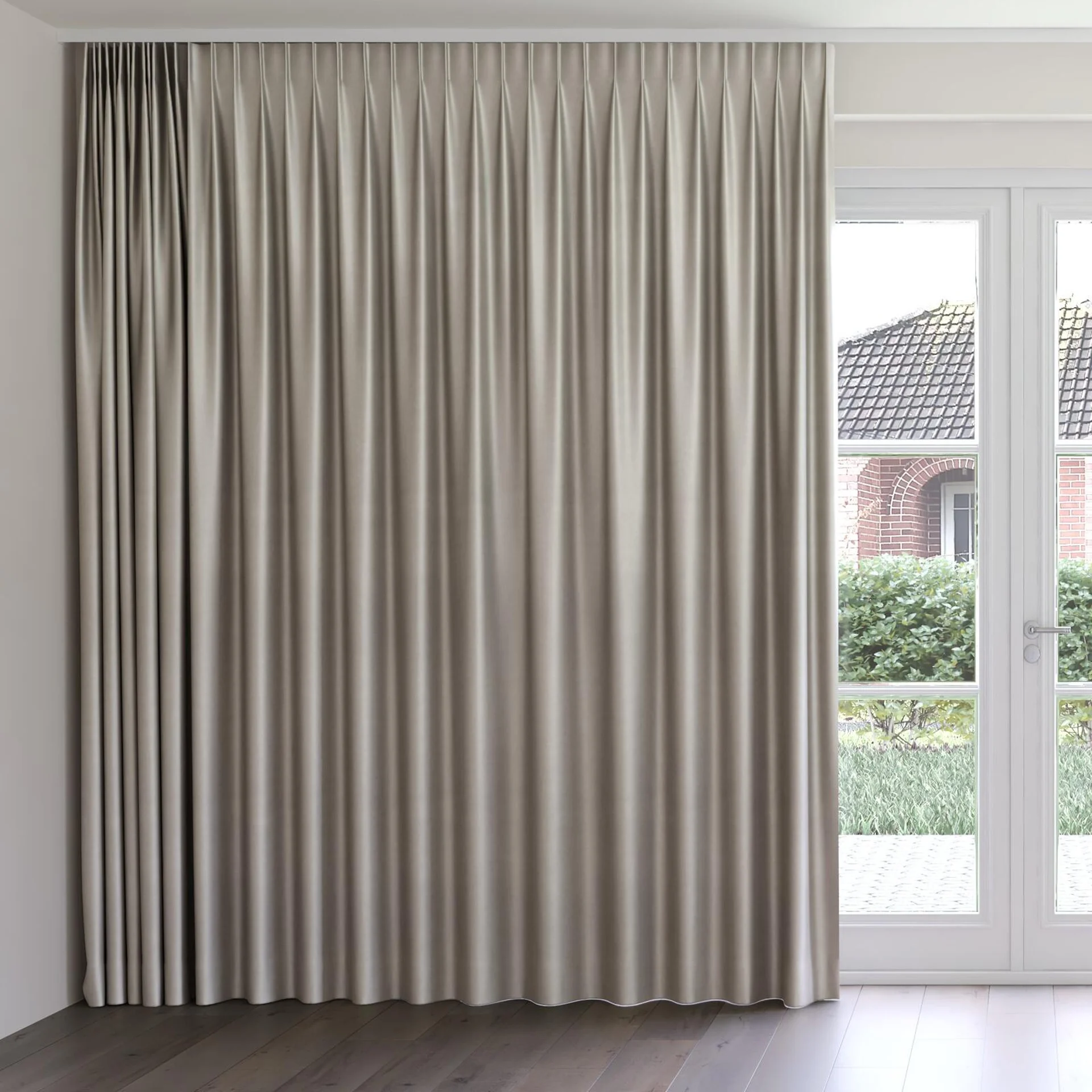 Front view of Glacial Silver, on curtain rail