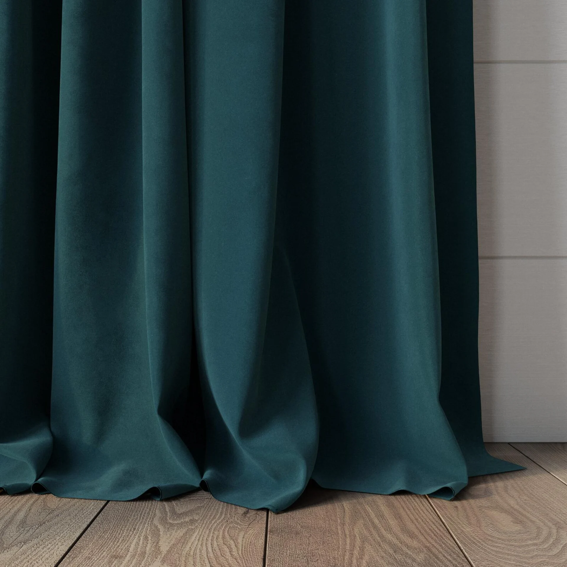 Bottom view of Lux Velvet Teal 8819, puddled, on curtain rod
