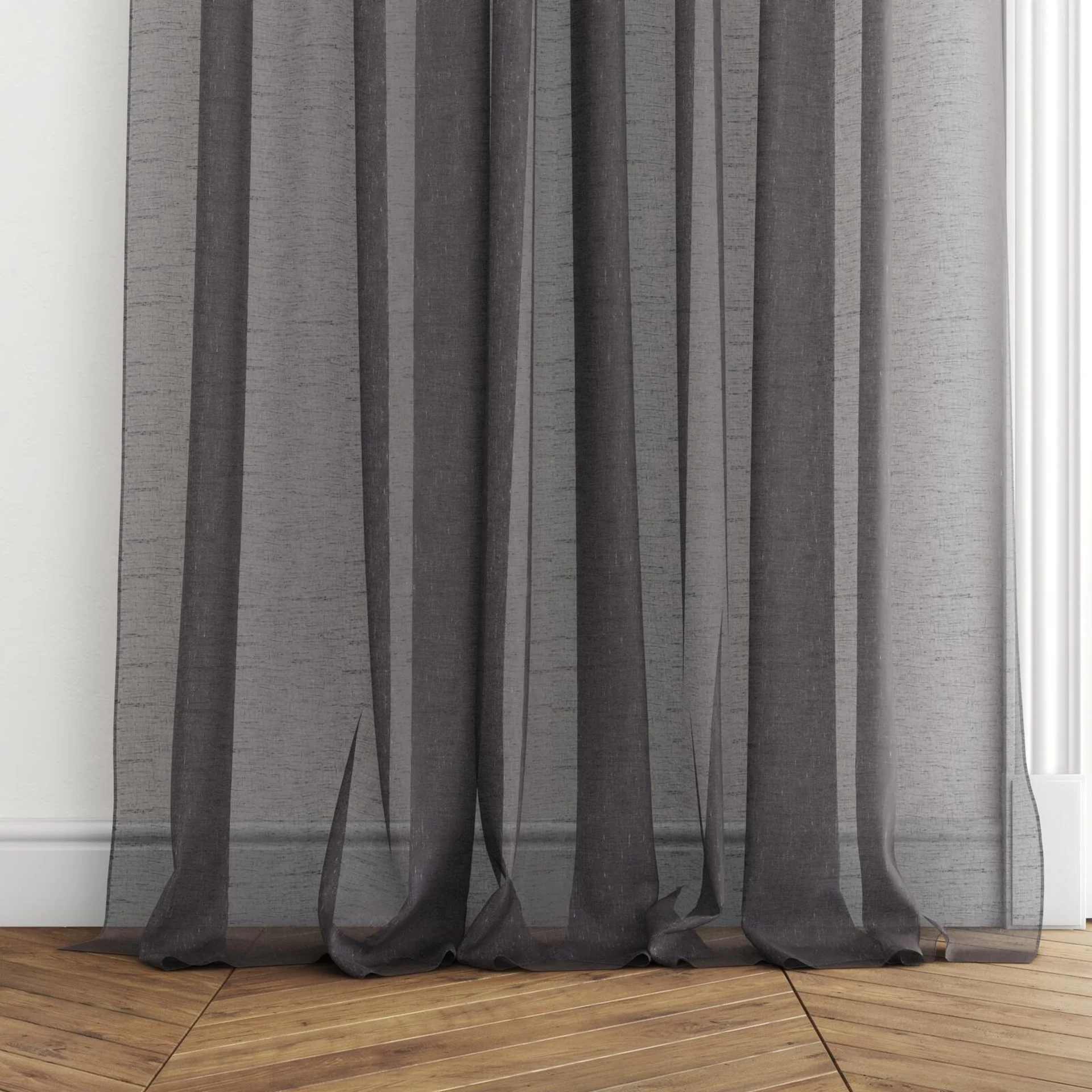 Bottom view of Graceful Charcoal, puddled with pinch pleat, on curtain rod