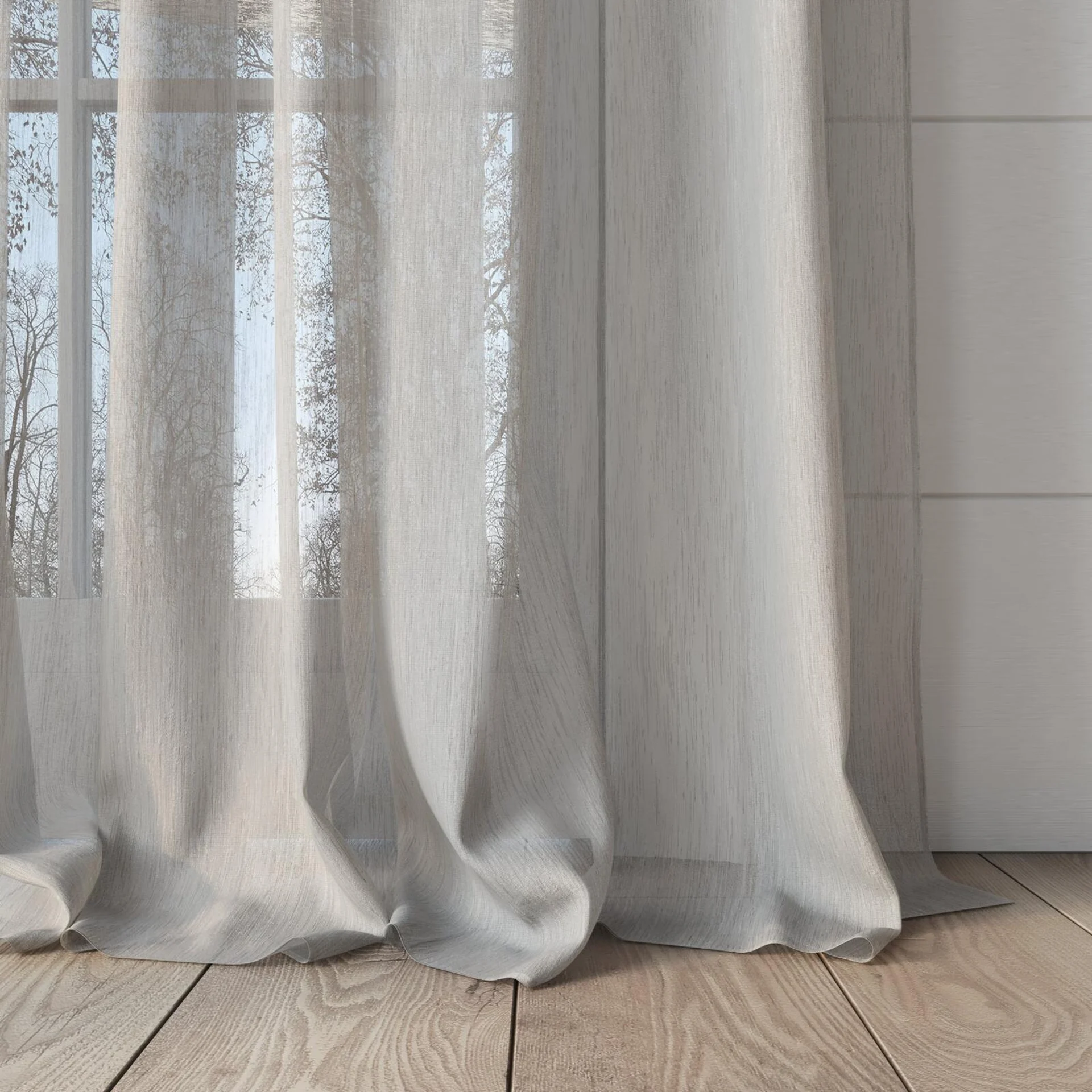 Bottom view of Stratus Taupe, puddled, on curtain rod