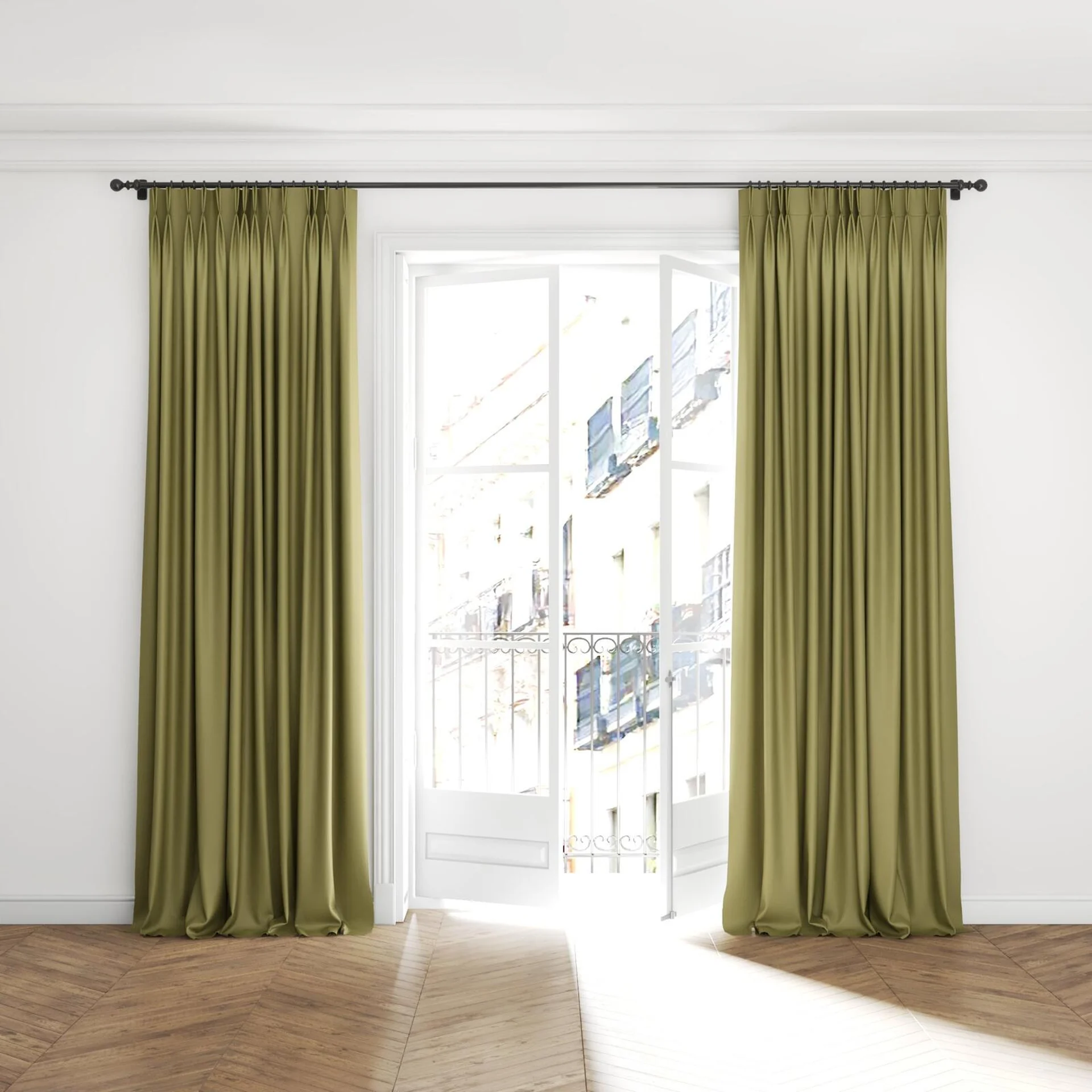 Full view of Naturama Moss, puddled with pinch pleat, on curtain rod