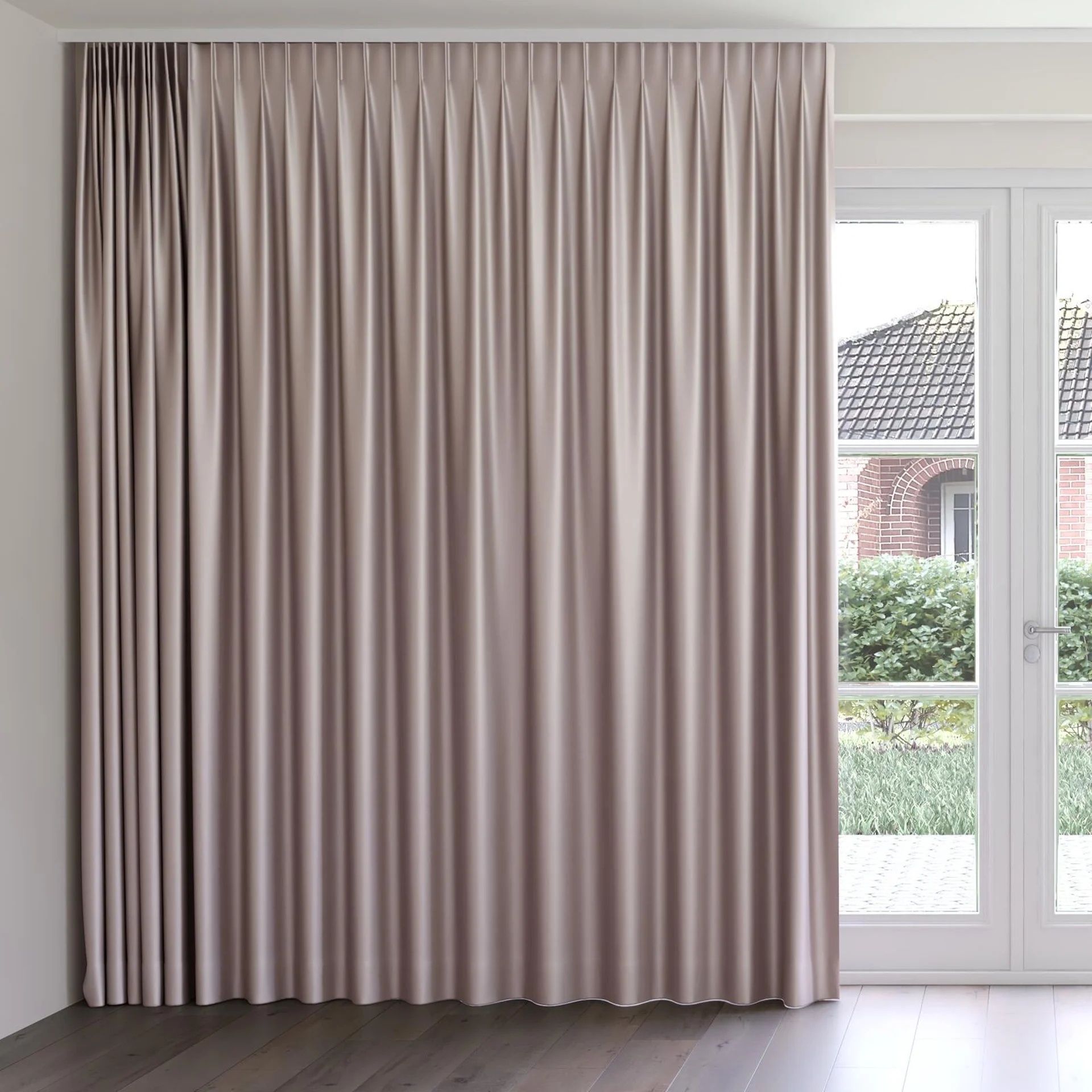 Front view of Moonbeam Lilac, on curtain rail