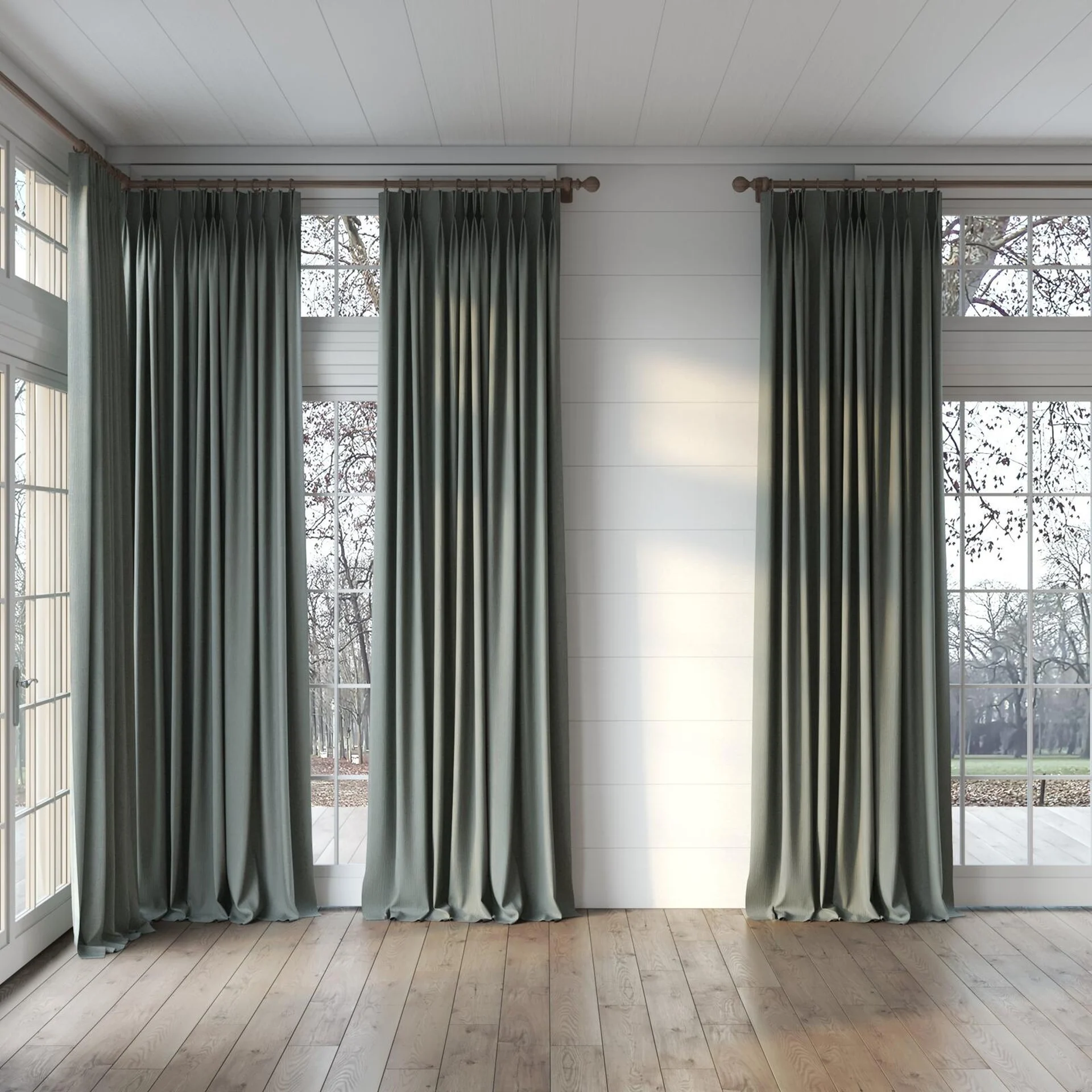 Full view of Northstar Steel, puddled, on curtain rod