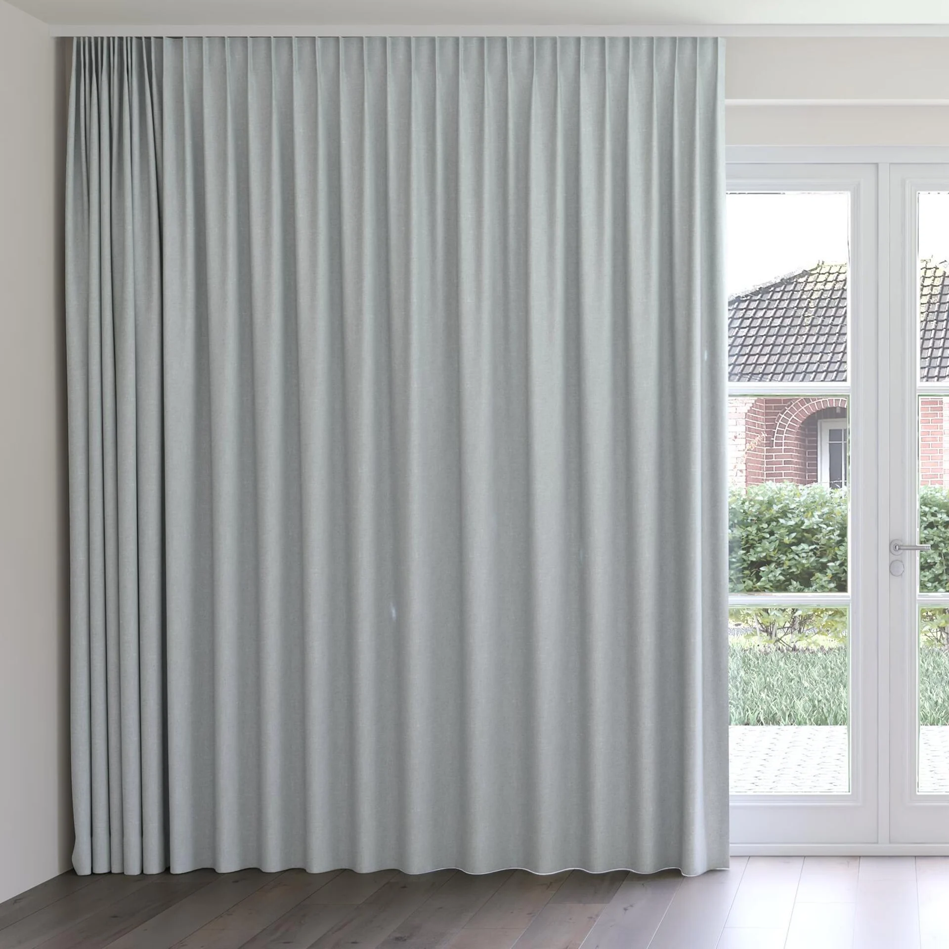 Front view of Retreat II Duckegg, on curtain rail