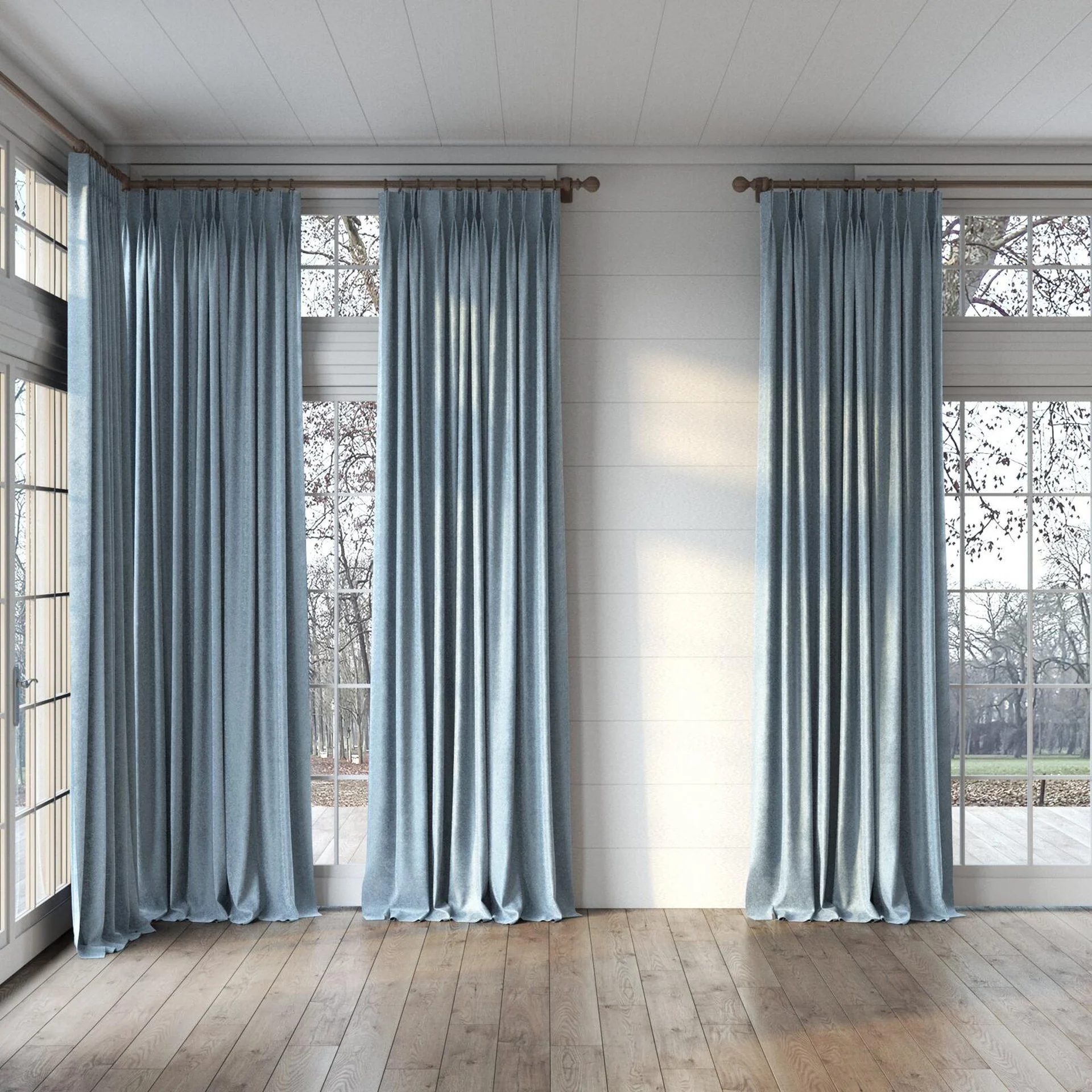 Full view of Brigadier Biscay, puddled, on curtain rod