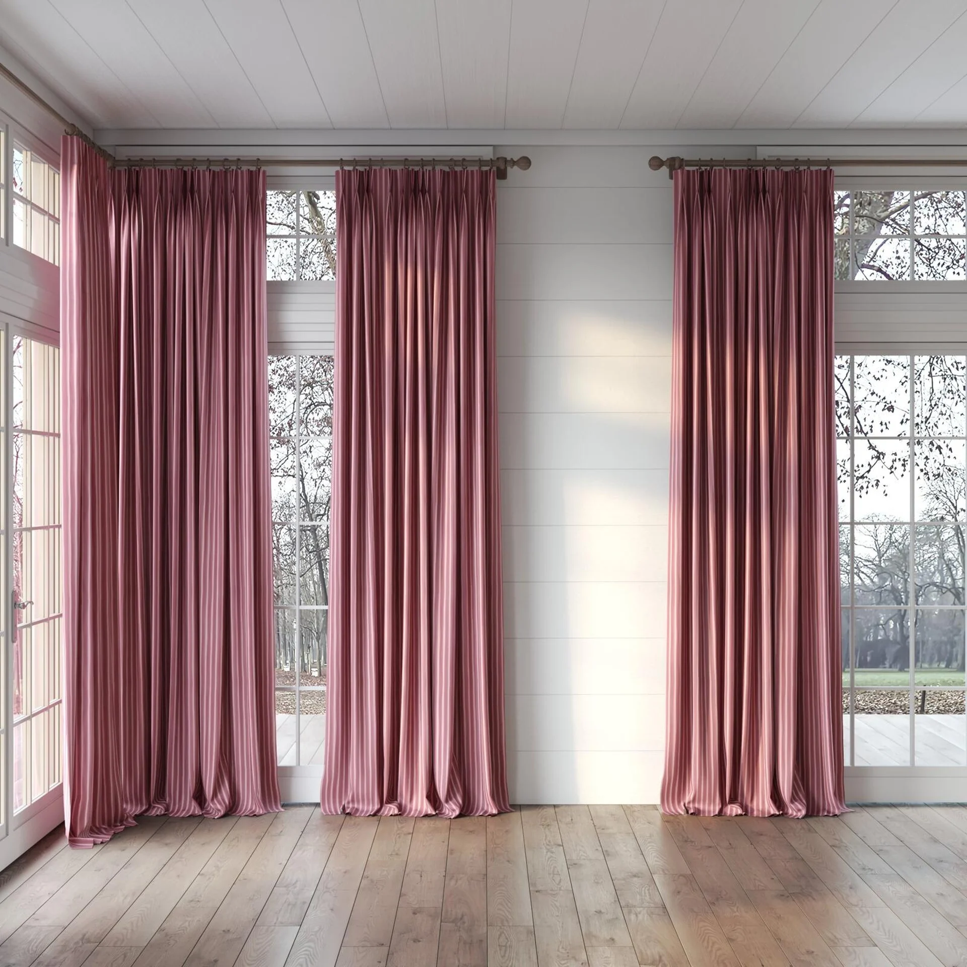 Full view of Cordial Blush, puddled, on curtain rod