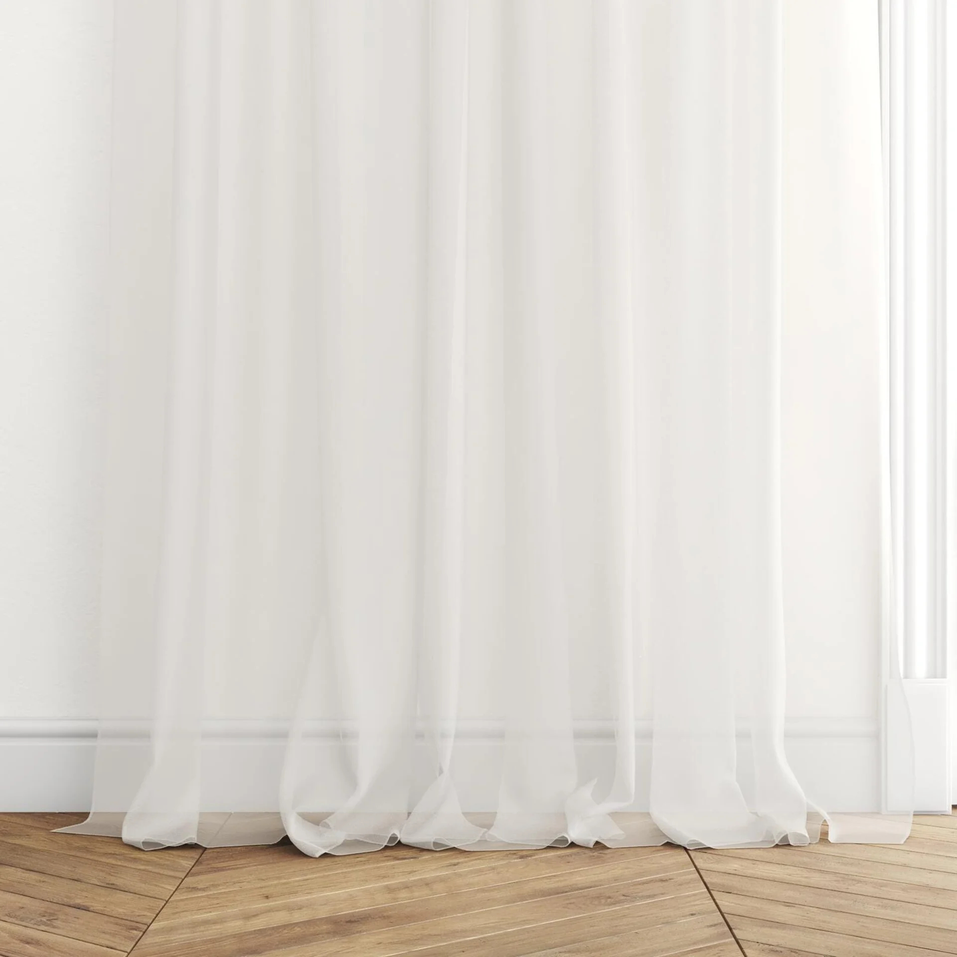 Bottom view of Xo Blossom, puddled with pinch pleat, on curtain rod