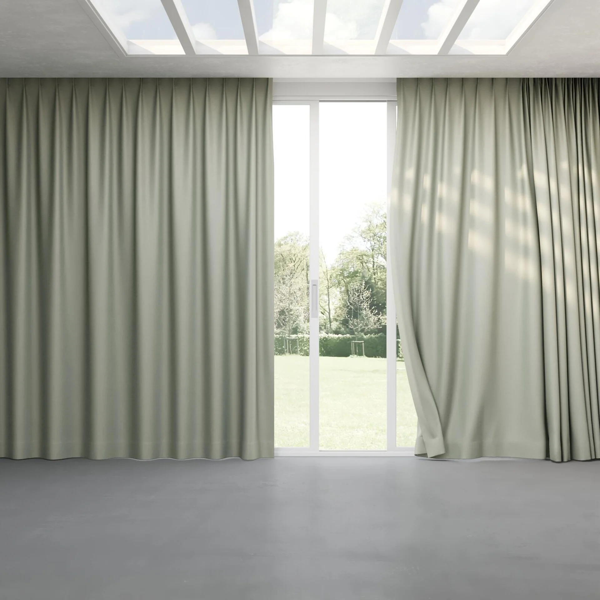 Full view of Eclipse Blackout Celadon, pinch pleat