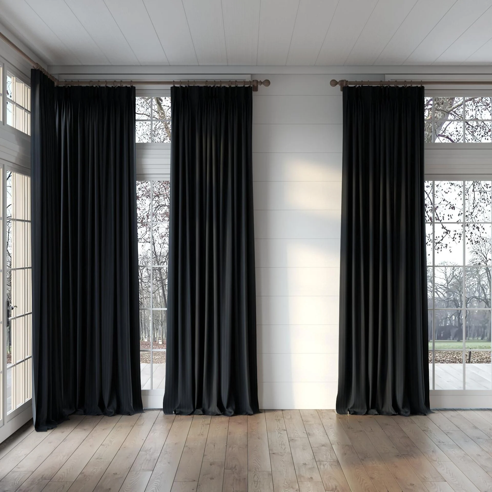 Full view of Cordial Raven, puddled, on curtain rod