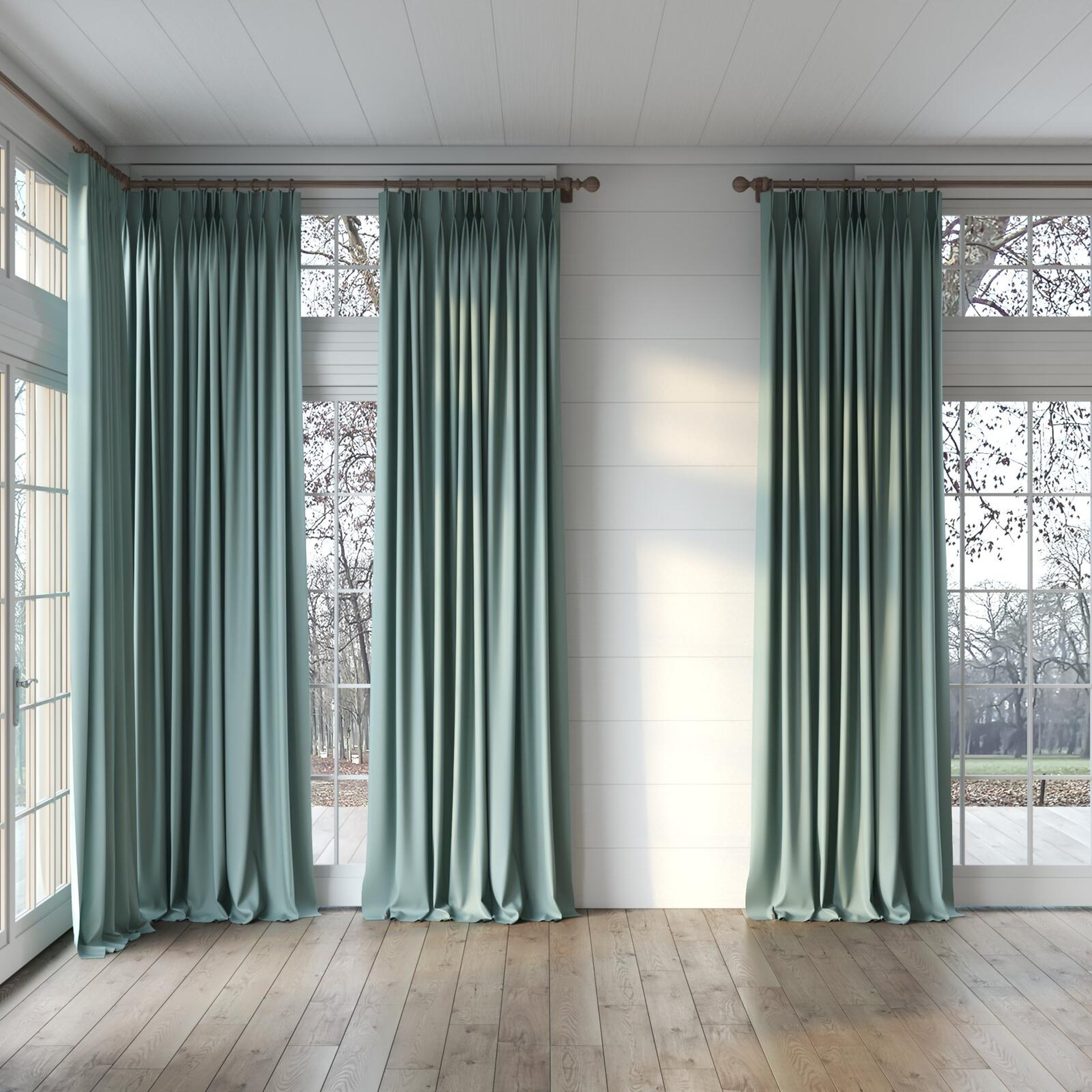 Full view of Ultra Dim Mist, puddled, on curtain rod