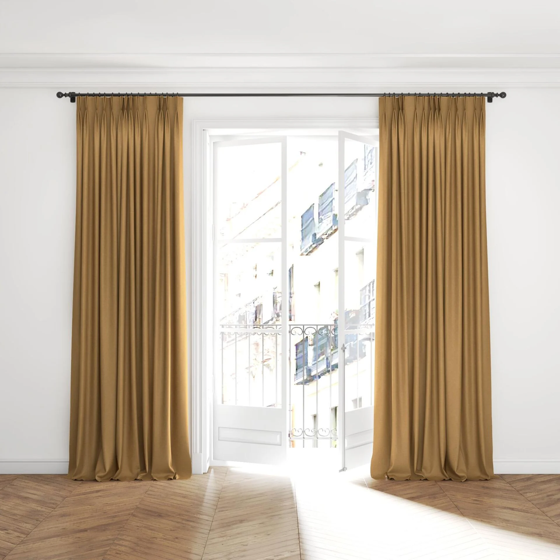 Full view of Colourwash Eco Butterscotch, puddled with pinch pleat, on curtain rod