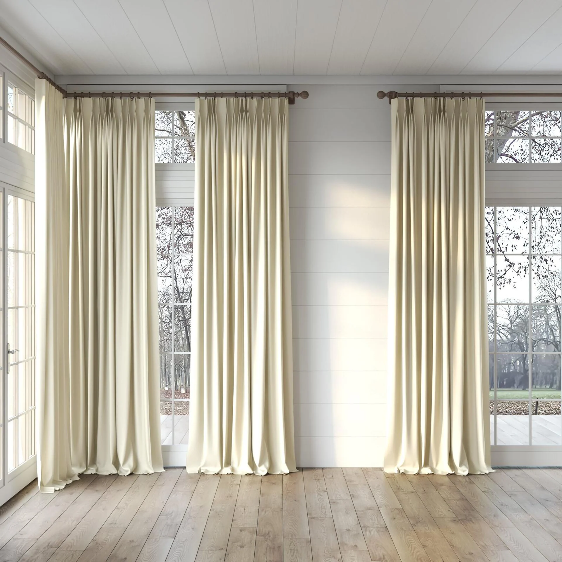 Full view of Woolskin Sand, puddled, on curtain rod