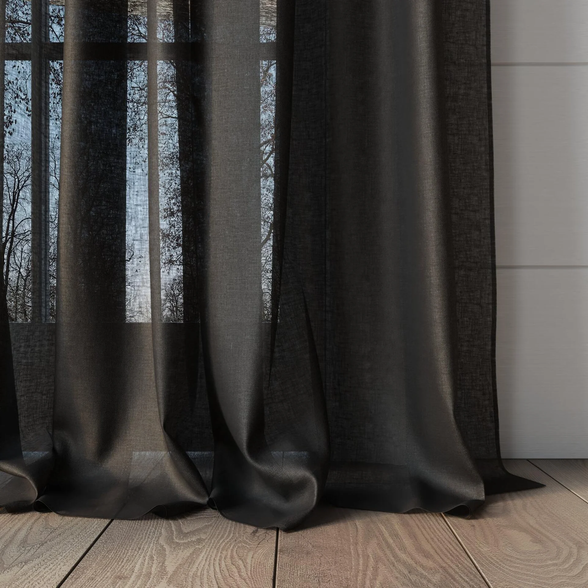 Bottom view of Kanso Stonewash Basalt, puddled, on curtain rod
