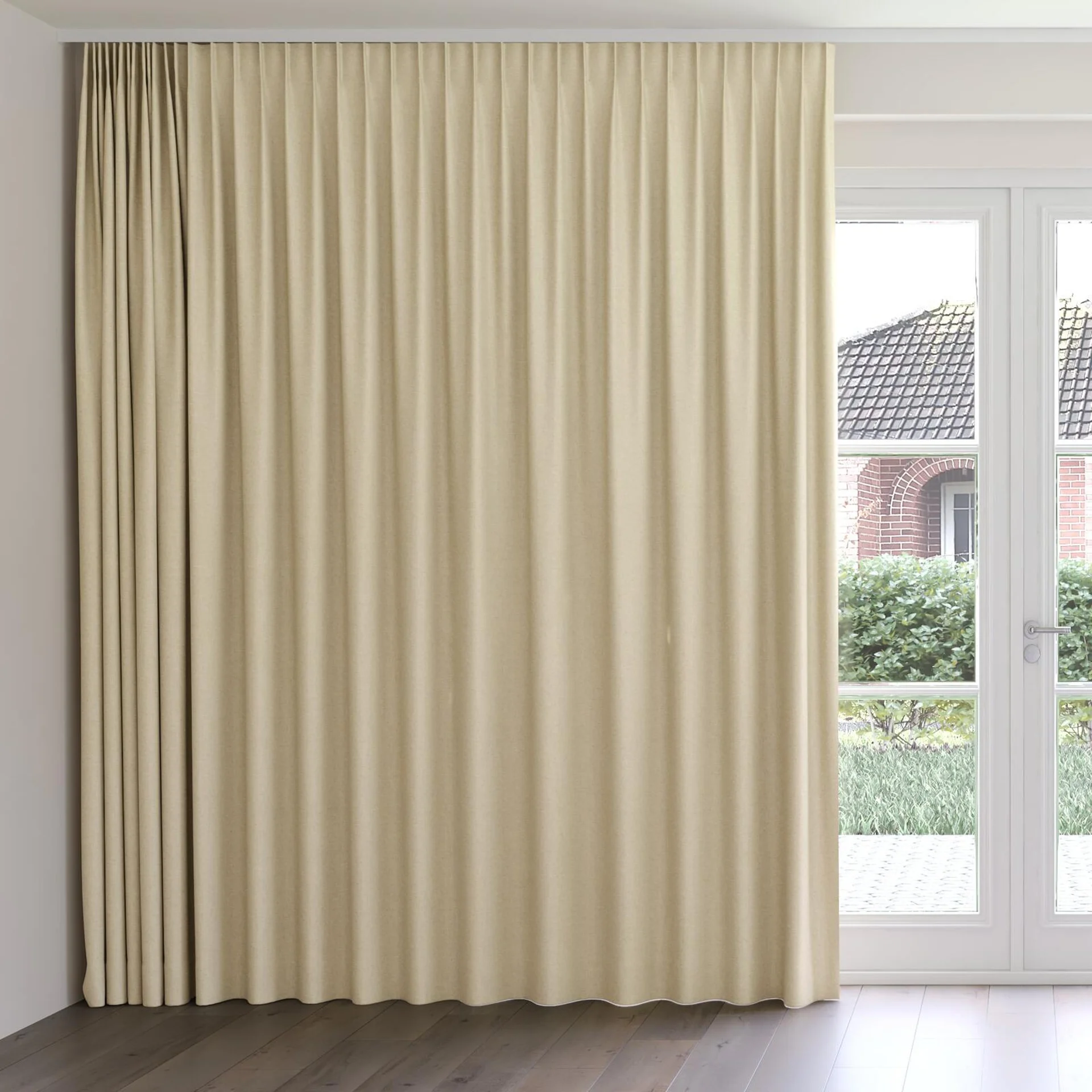 Front view of Stonewall Blackout Tan, on curtain rail