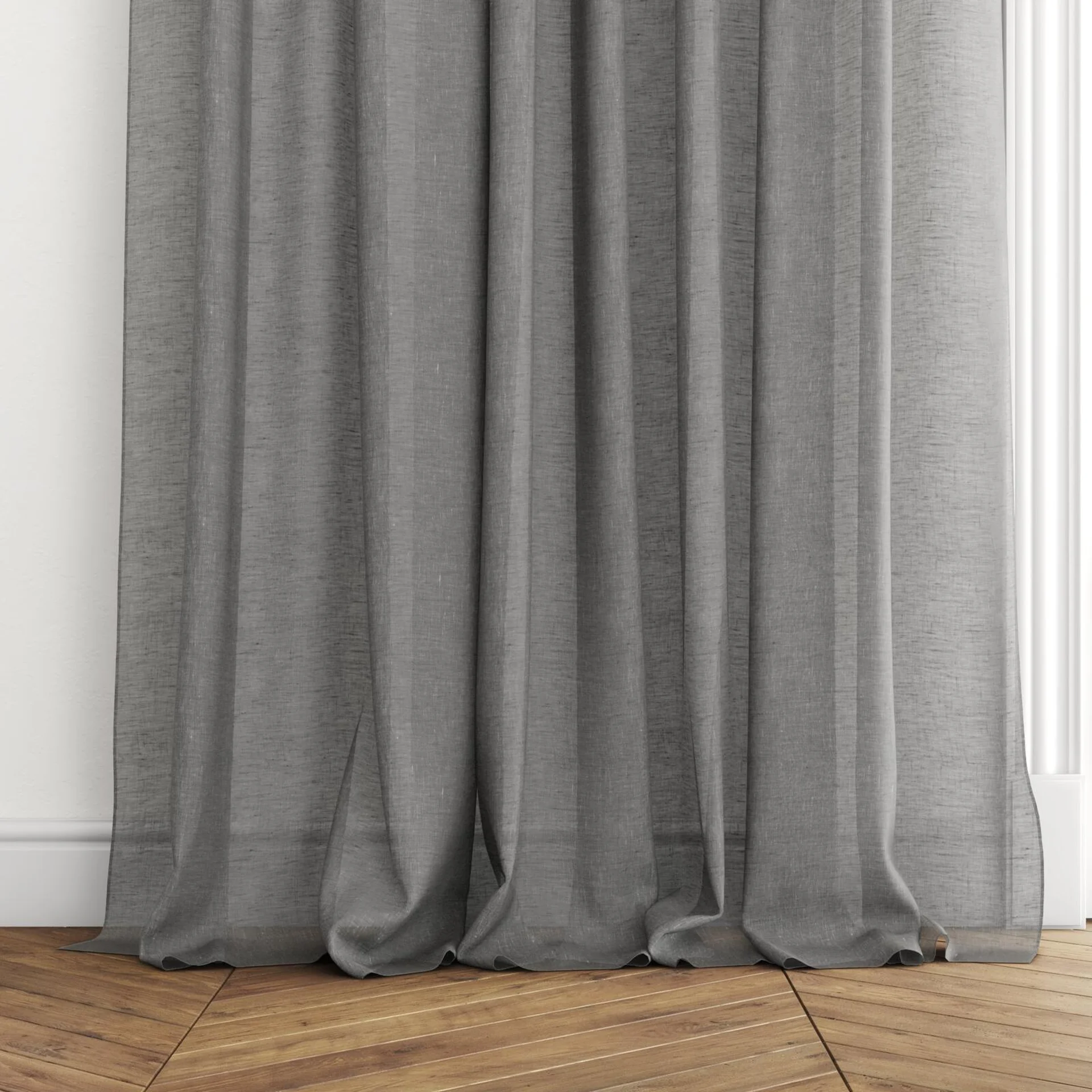 Bottom view of Lino Midnight, puddled with pinch pleat, on curtain rod