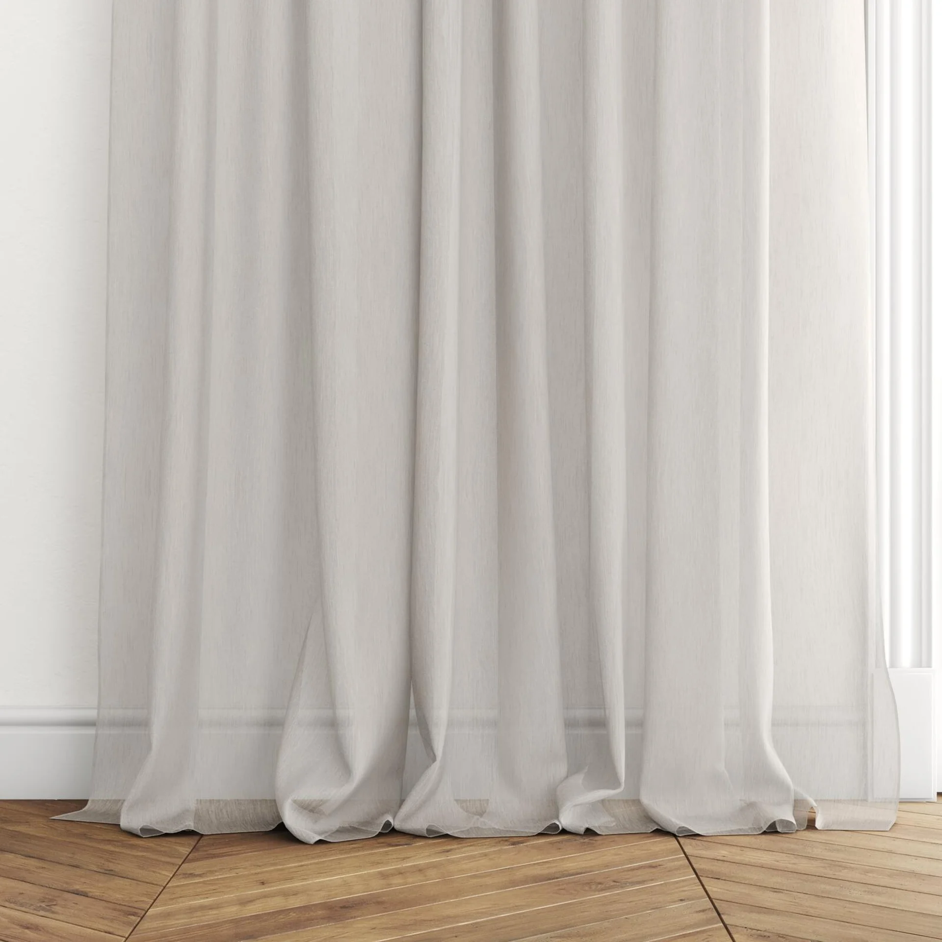 Bottom view of Stratus Taupe, puddled with pinch pleat, on curtain rod