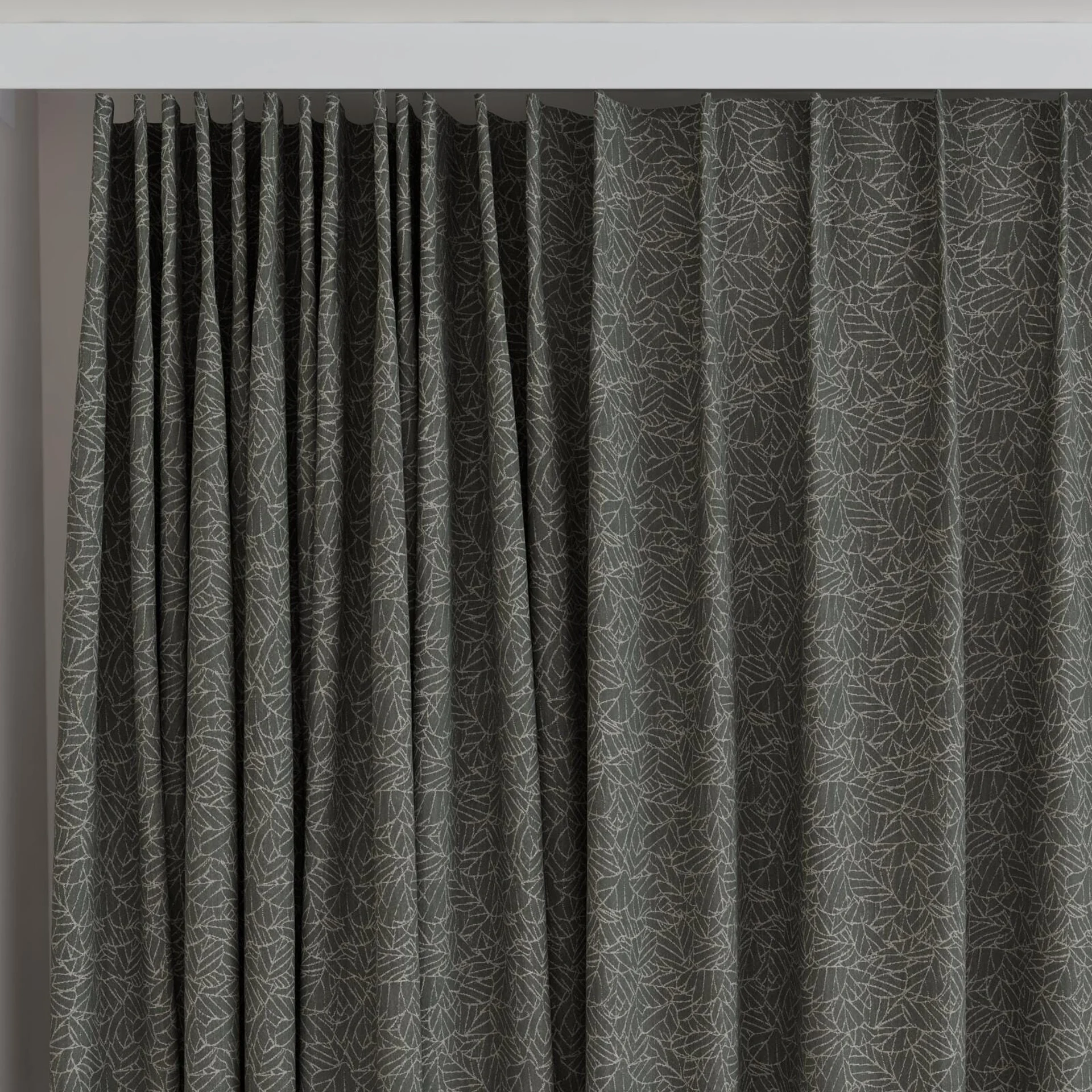 Top view of Laurel FR Blackout Shadow, on curtain rail
