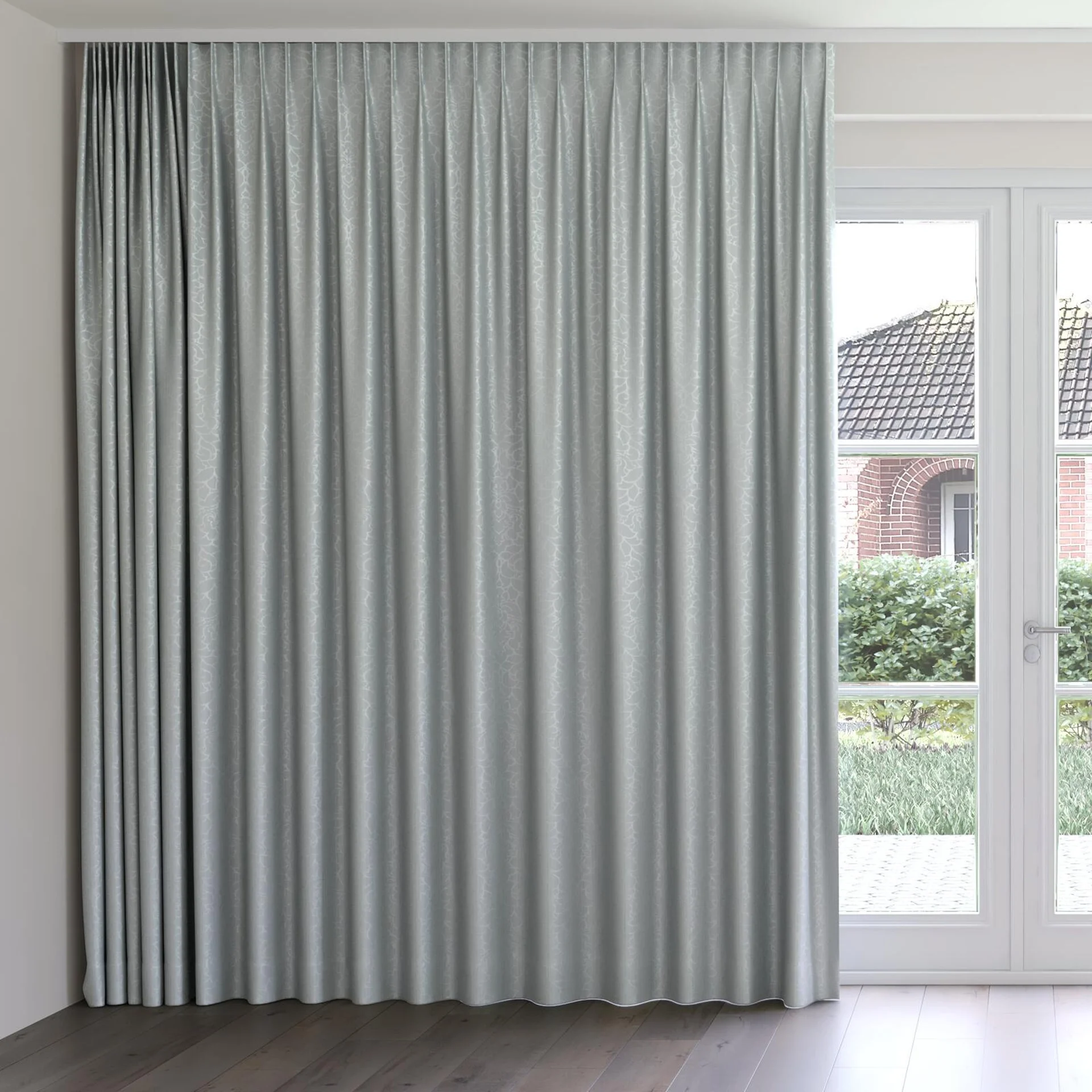 Front view of Opal Dove, on curtain rail