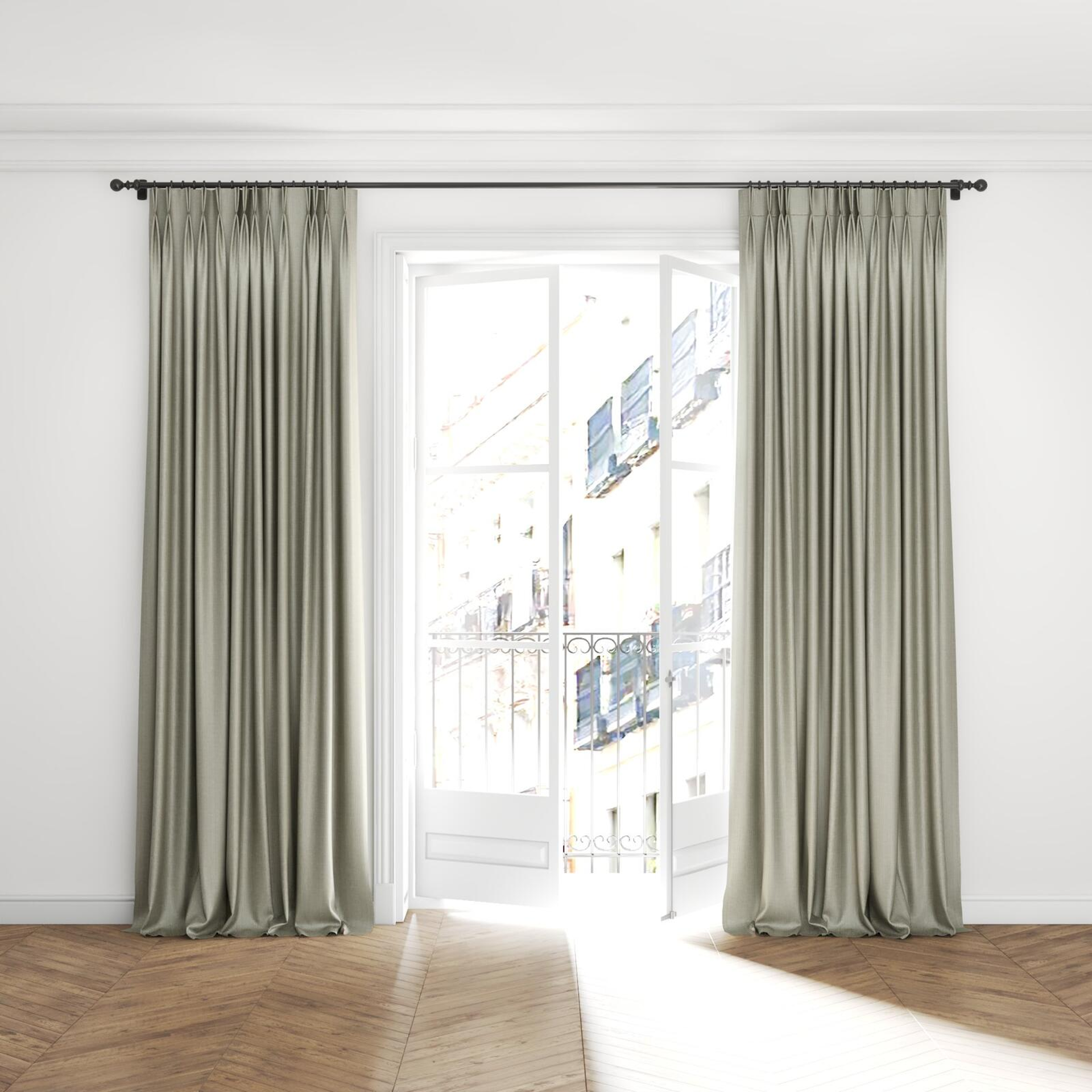 Full view of Leonardo Mineral, puddled with pinch pleat, on curtain rod