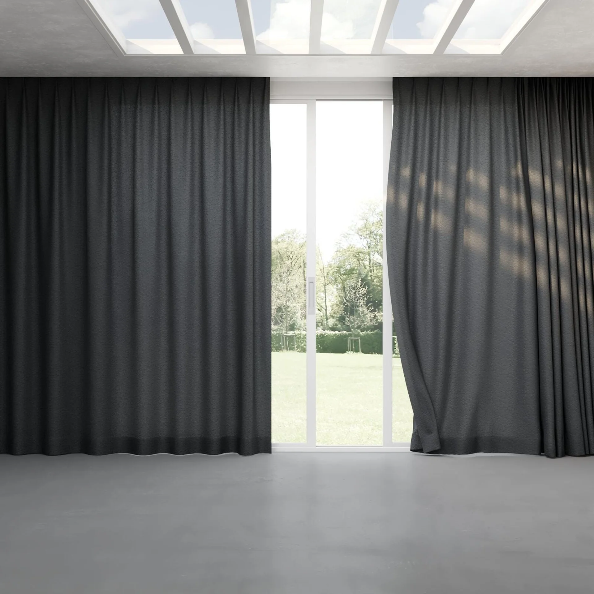Full view of Metallique Obsidian, pinch pleat