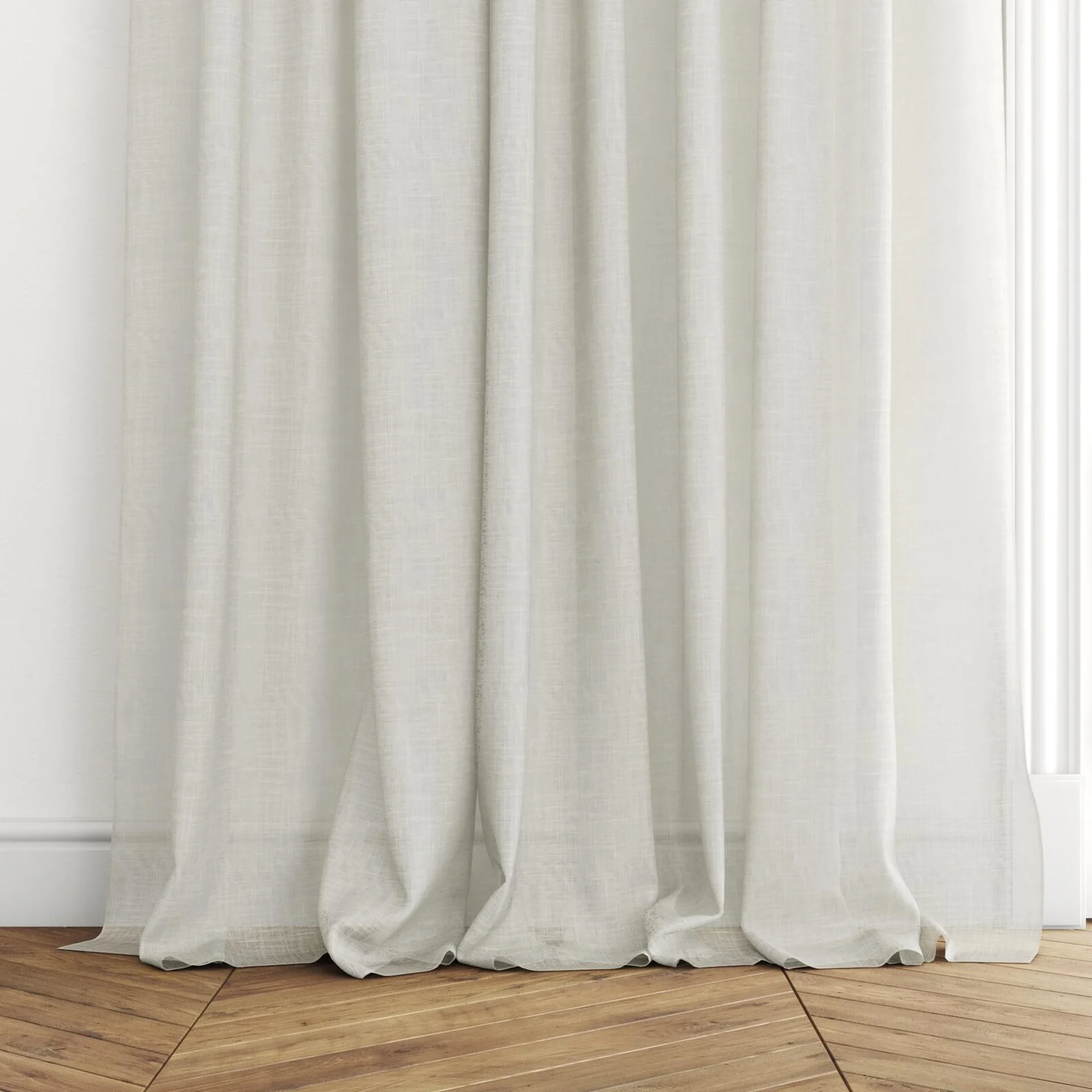 Bottom view of Uno Ivory, puddled with pinch pleat, on curtain rod