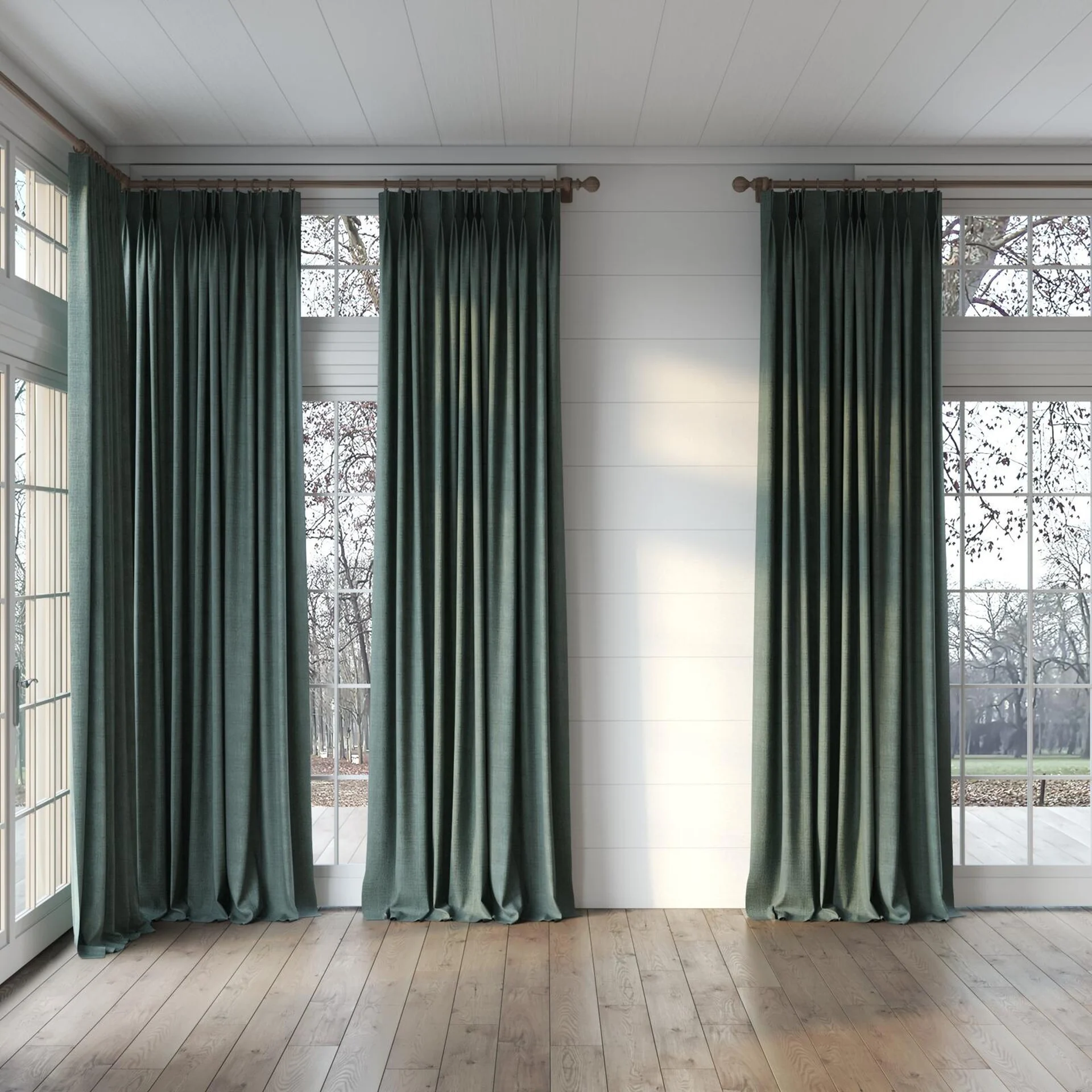 Full view of Planet Spruce, puddled, on curtain rod
