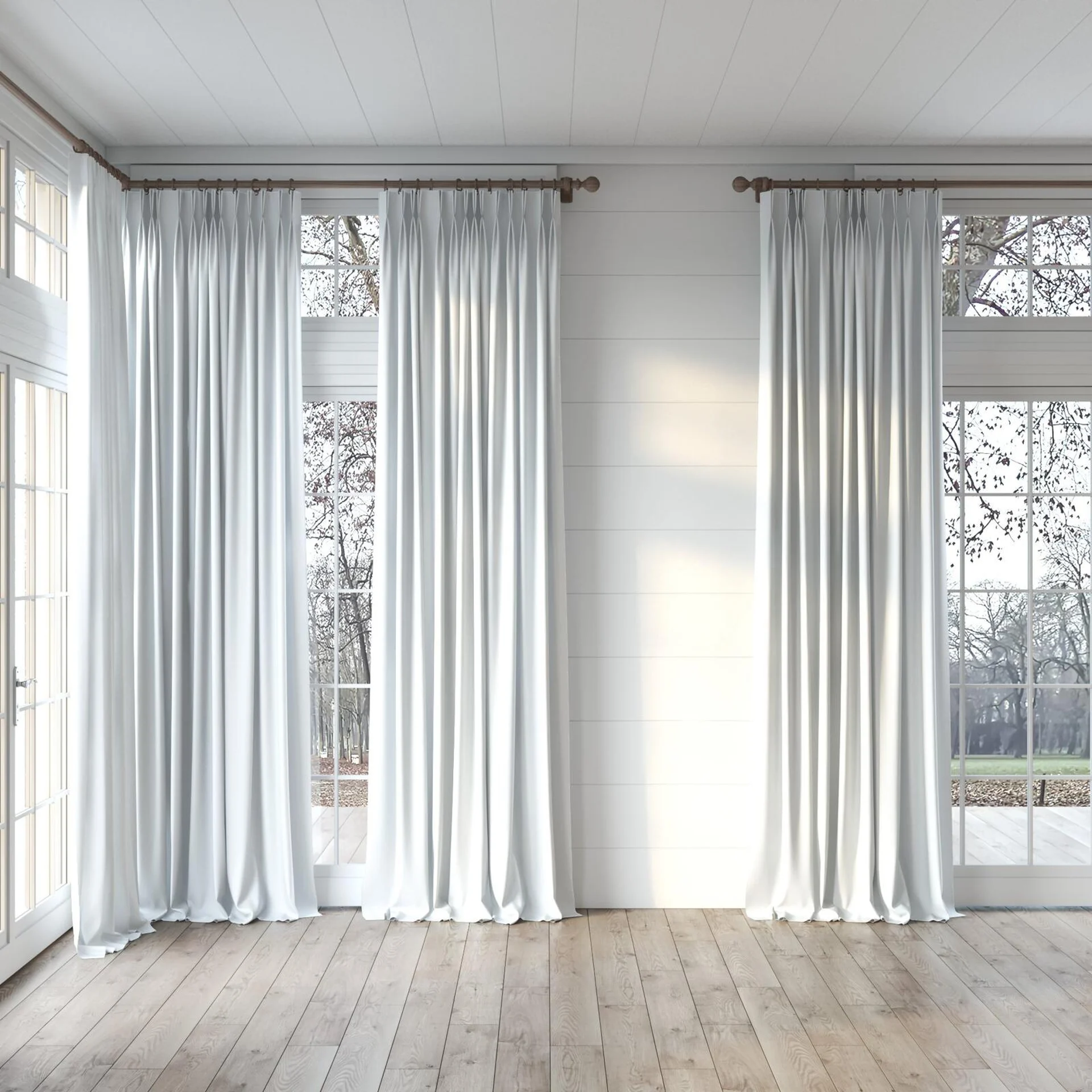 Full view of Retreat II Cotton, puddled, on curtain rod