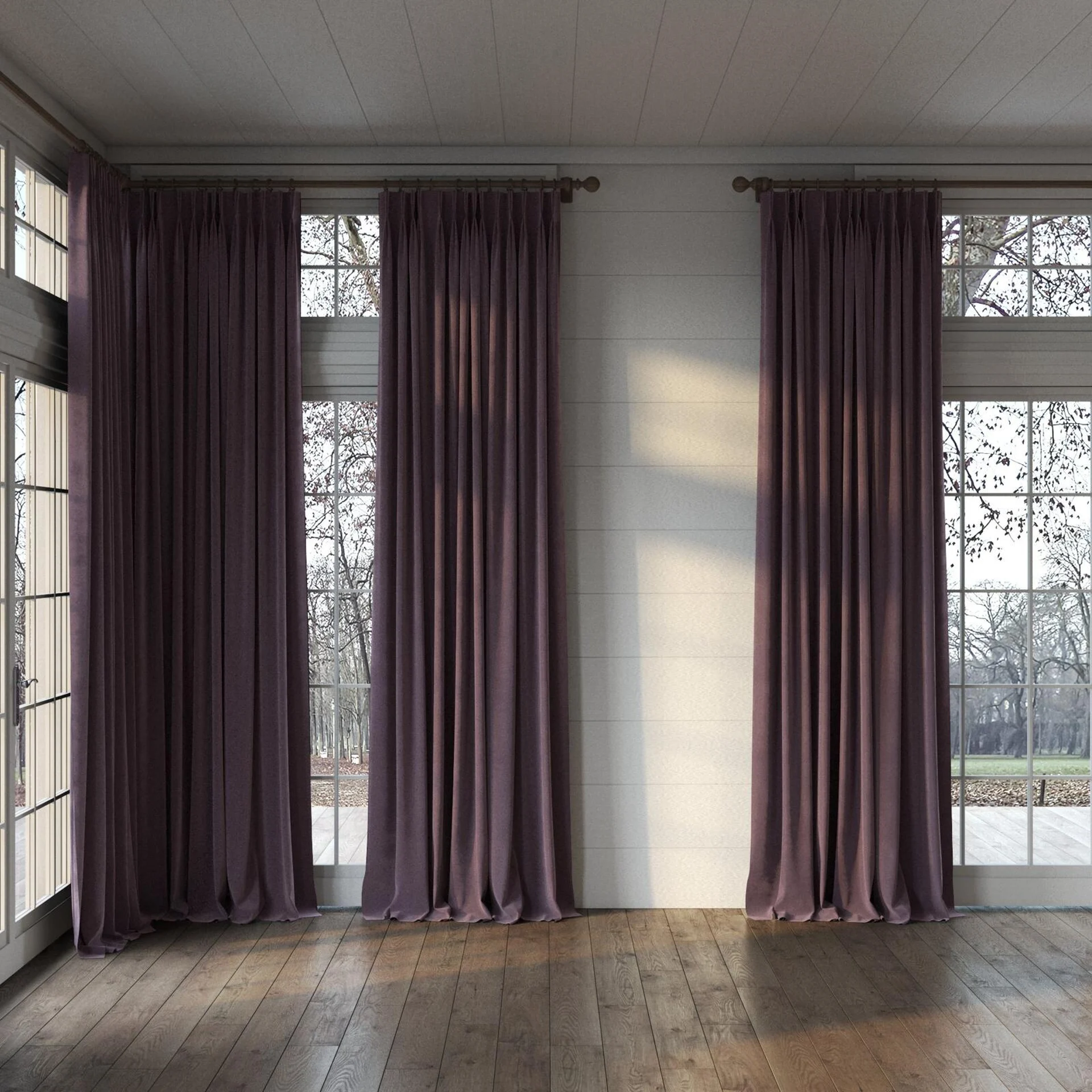 Full view of Verbier Plum, puddled, on curtain rod