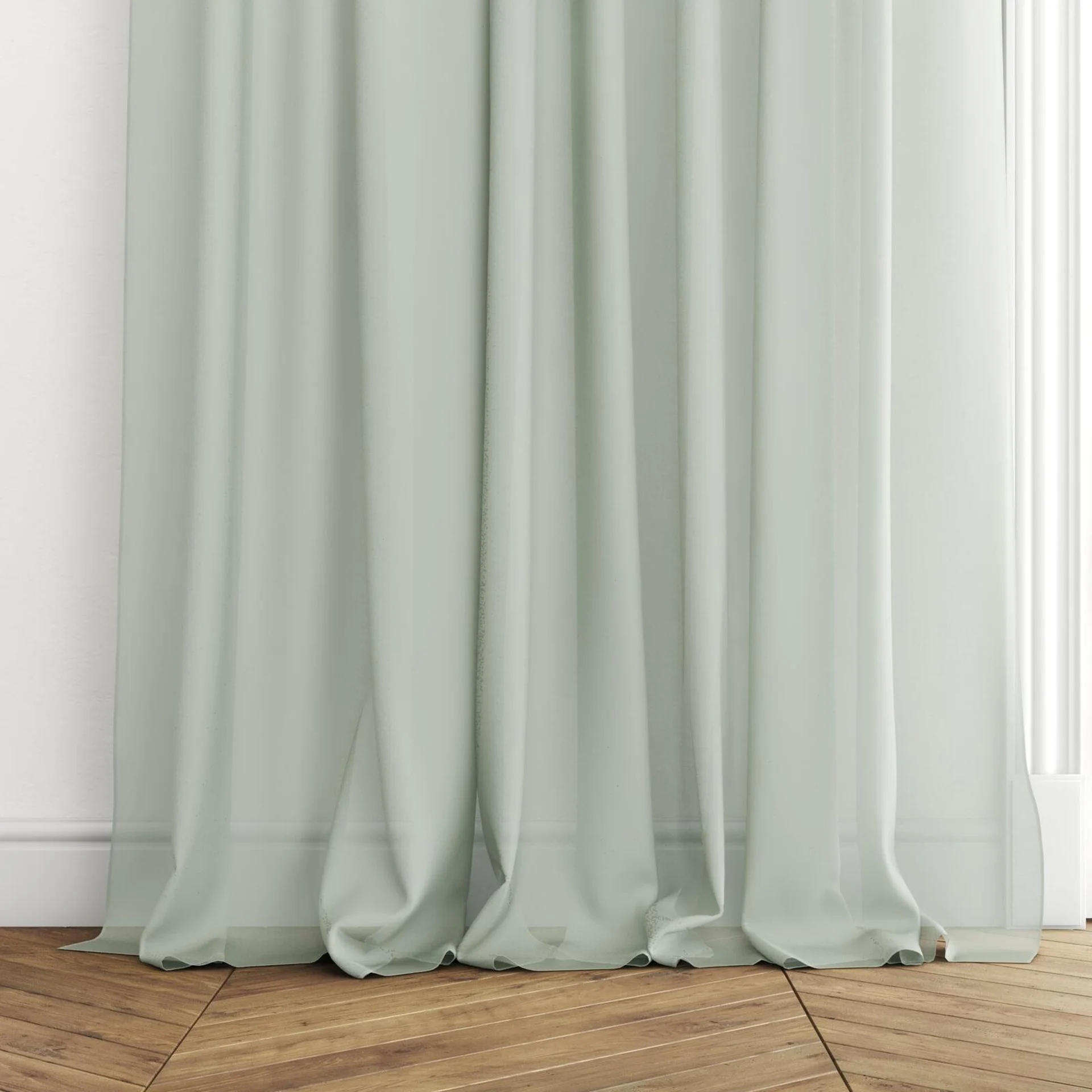 Bottom view of Zine Sage, puddled with pinch pleat, on curtain rod