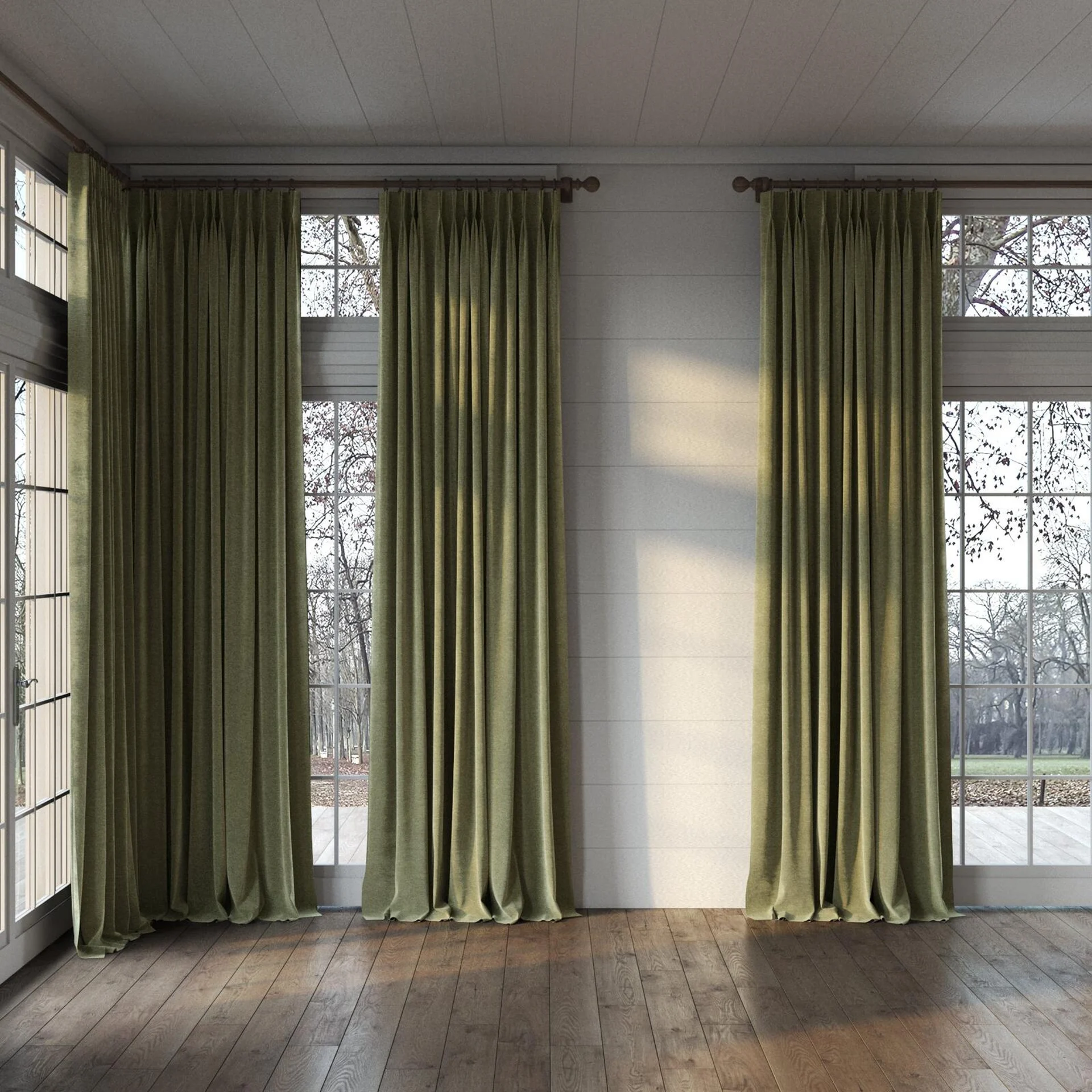 Full view of Geneva Thyme, puddled, on curtain rod