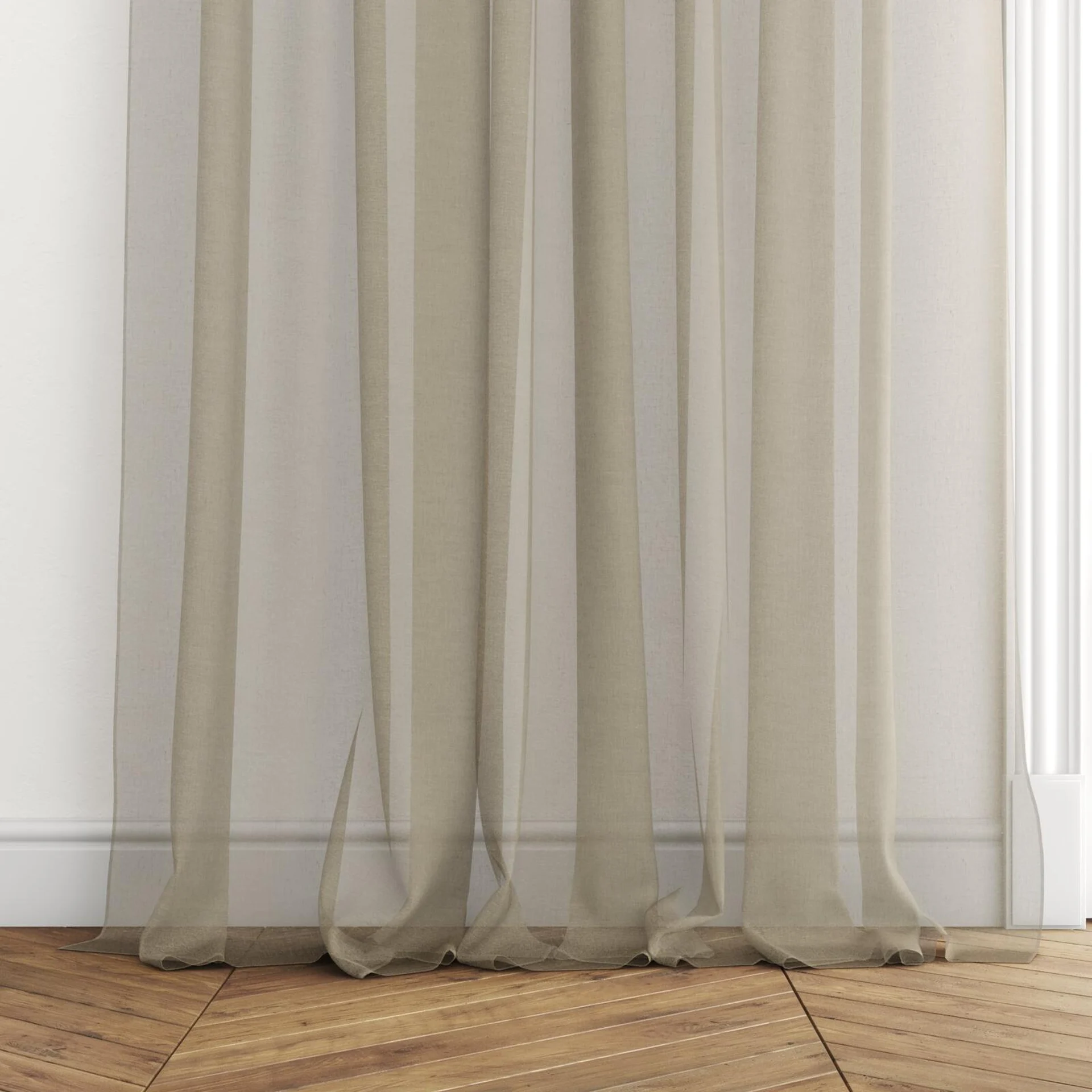 Bottom view of Rhyme Oyster, puddled with pinch pleat, on curtain rod