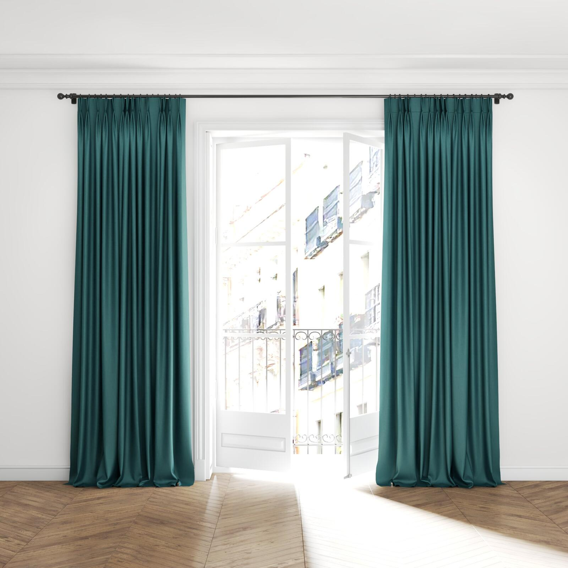 Full view of Tonga Teal, puddled with pinch pleat, on curtain rod