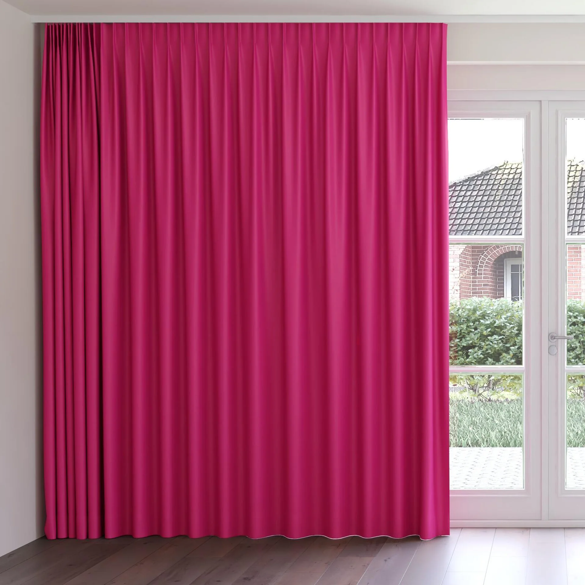 Front view of Ultra Dim Magenta, on curtain rail
