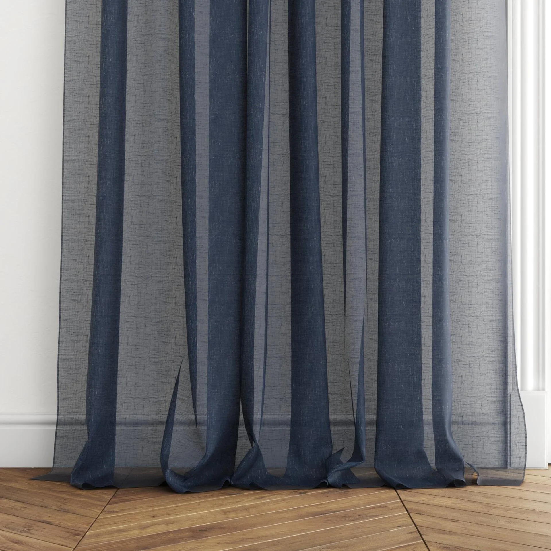 Bottom view of Graceful Navy, puddled with pinch pleat, on curtain rod