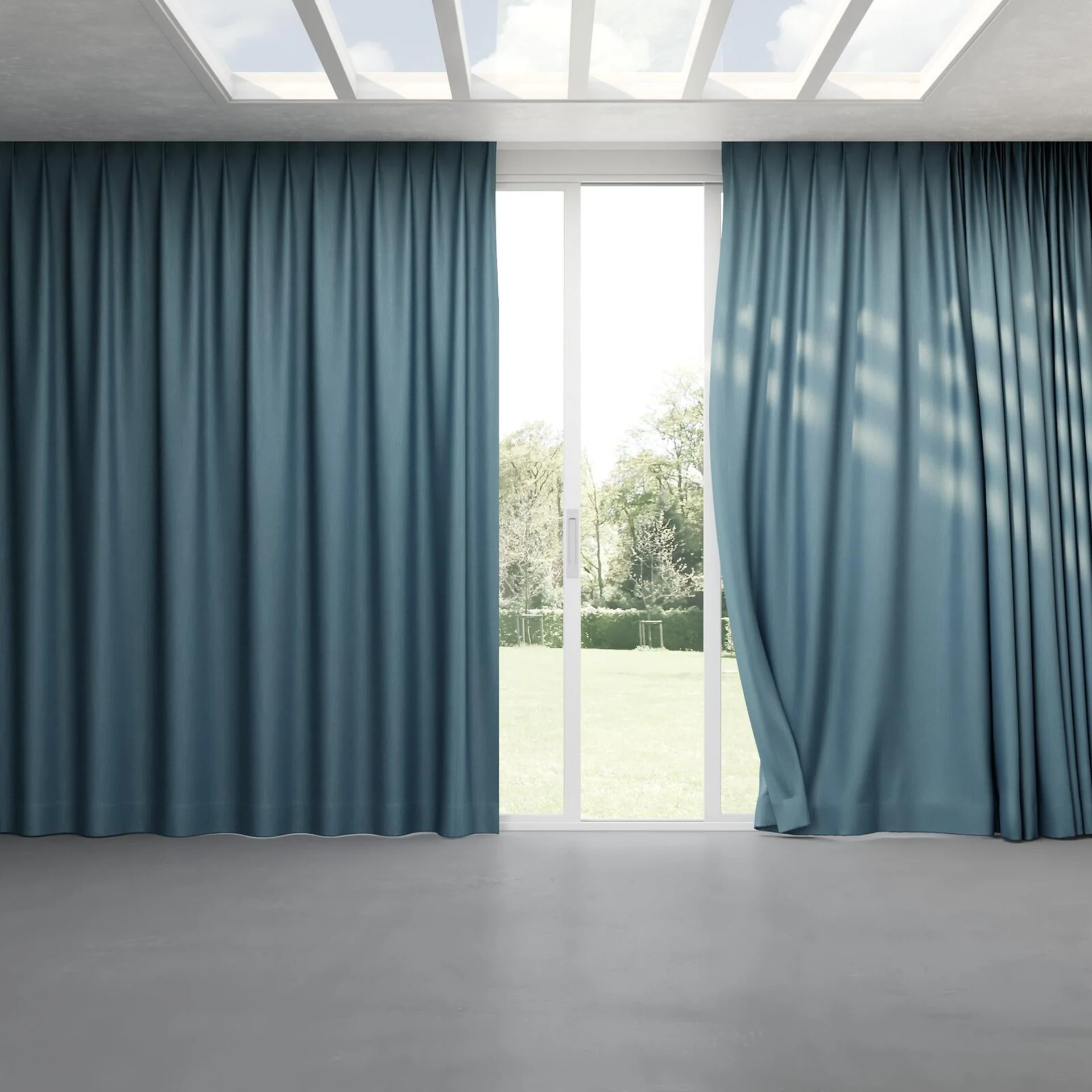 Full view of Bavaria Teal, pinch pleat