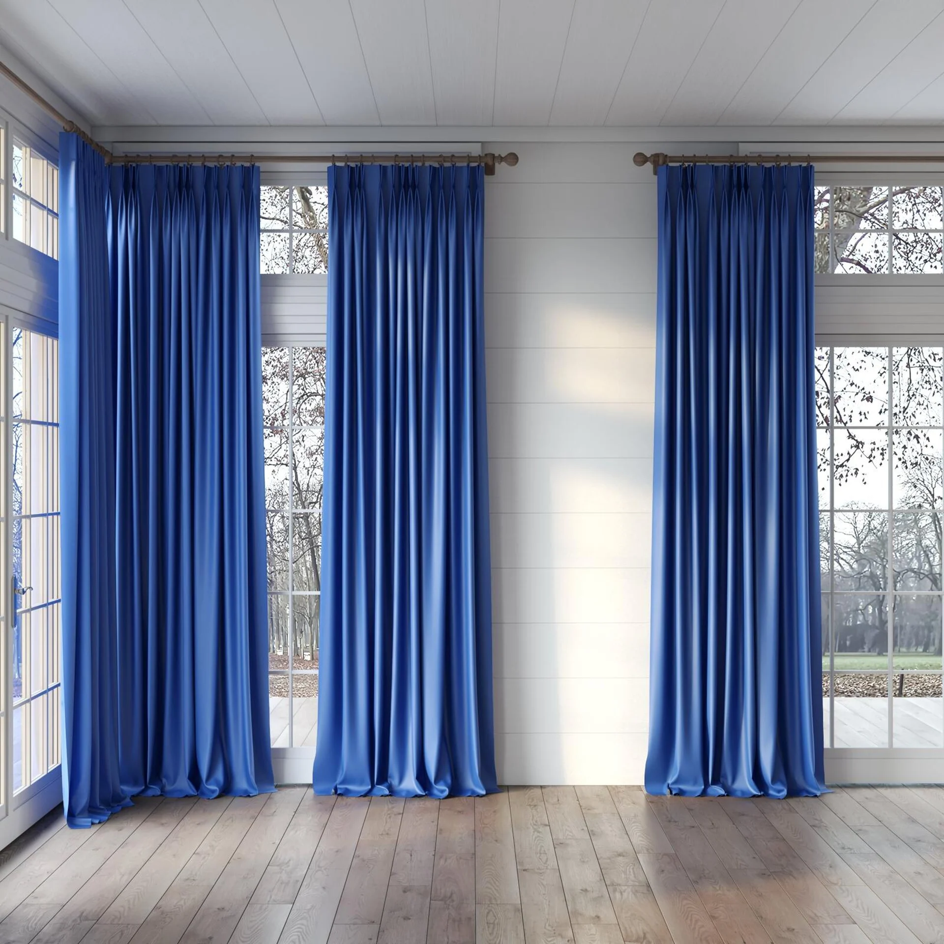 Full view of Blockbuster Cobalt, puddled, on curtain rod
