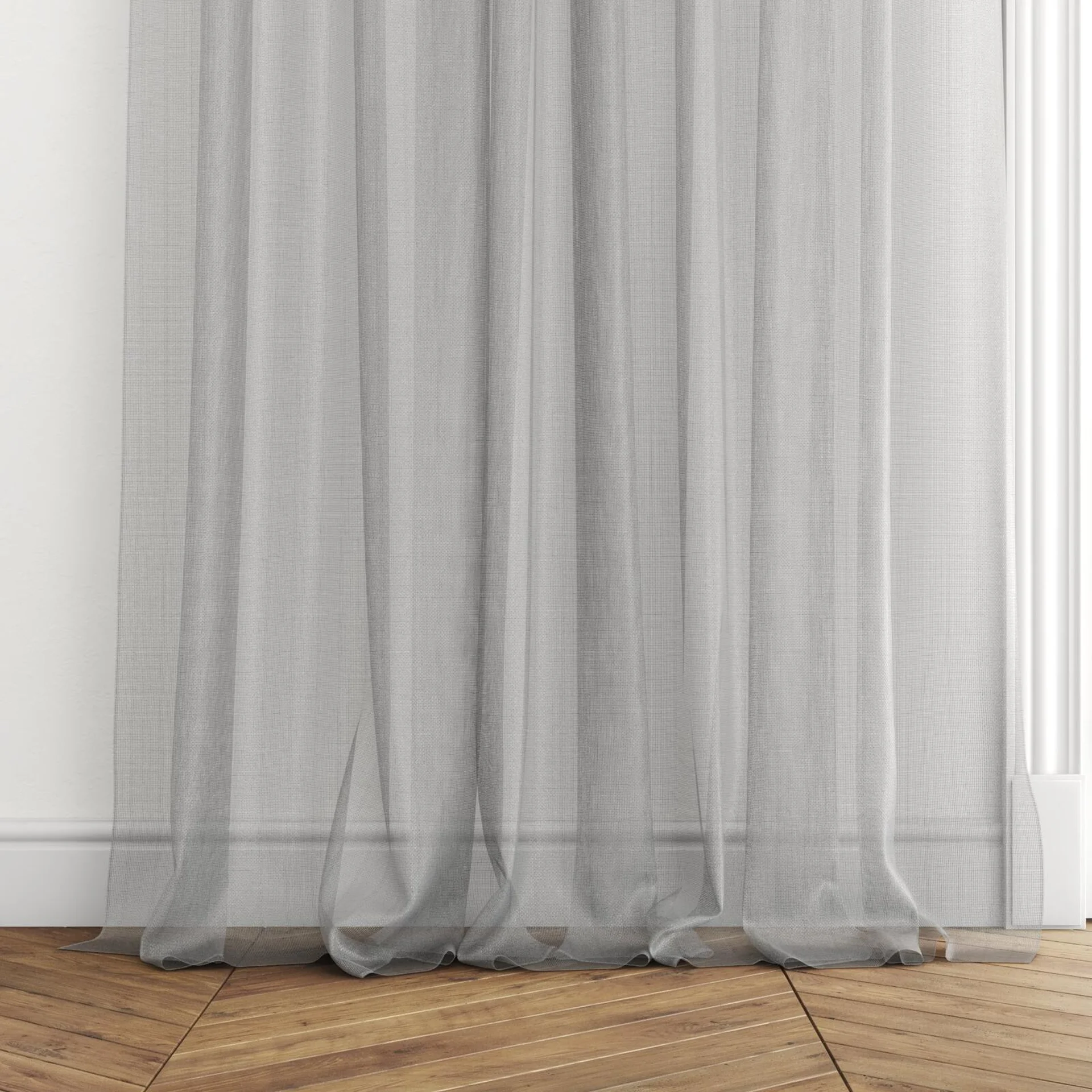 Bottom view of Armour FR Zinc, puddled with pinch pleat, on curtain rod